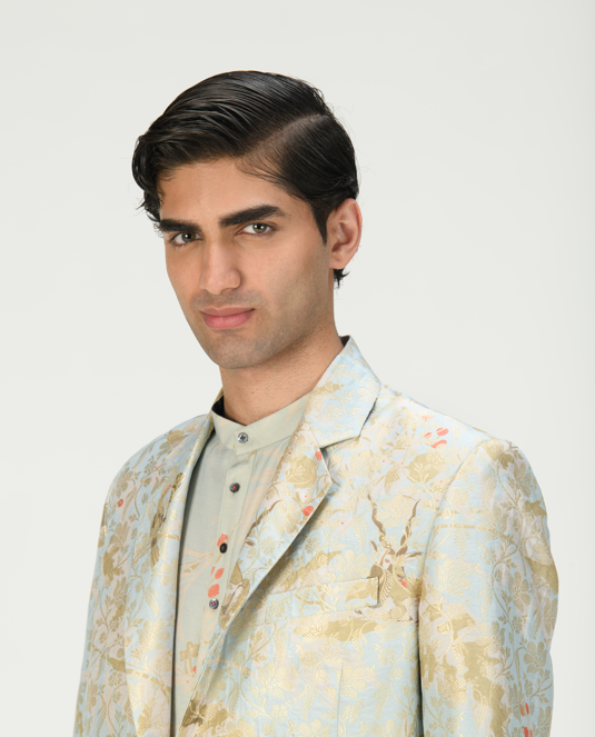 Elegant Rana Blazer in Silk Brocade - Ice Blue Color | Perfect for Office Wear, Formal Events & Special Occasions