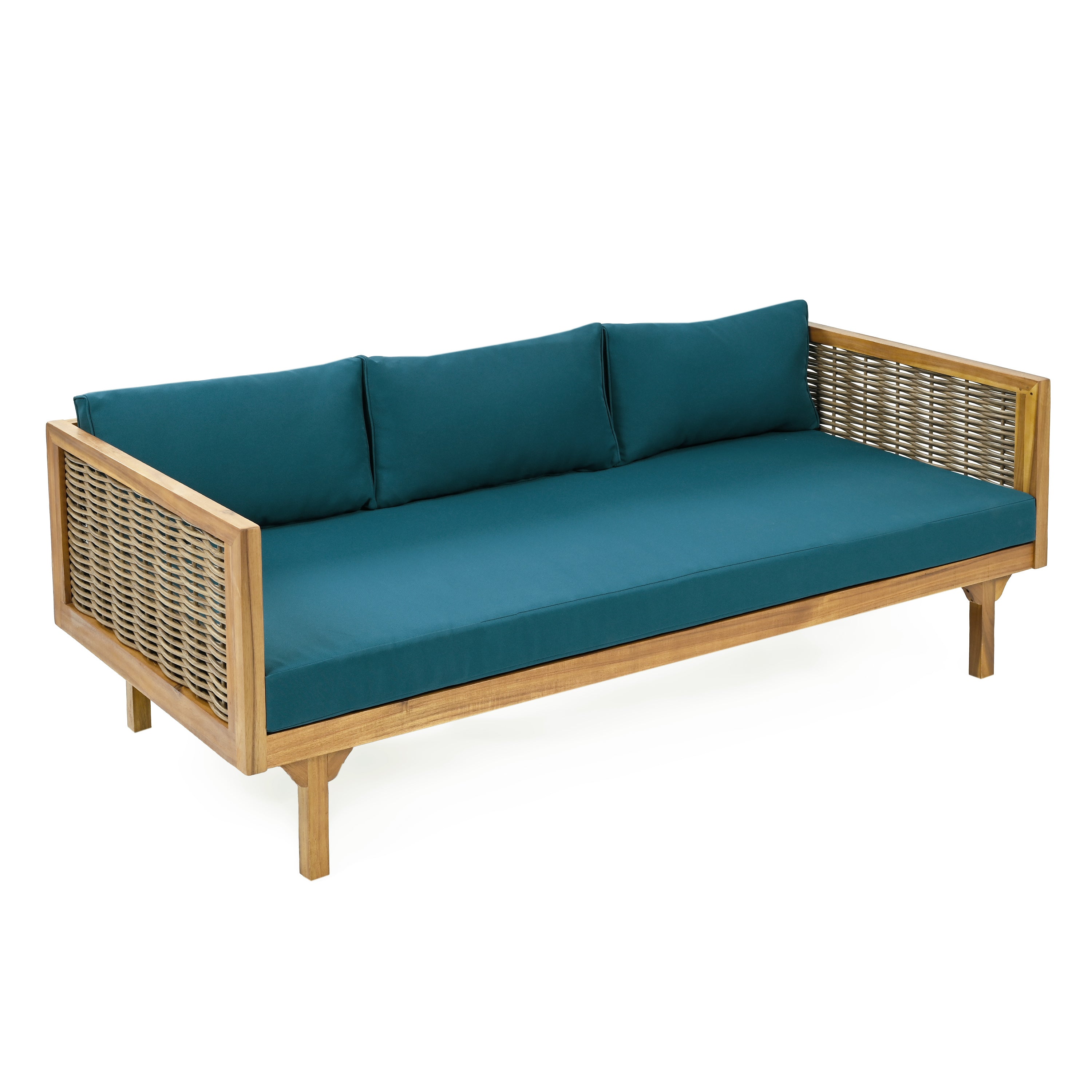 CLAREMONT 3-Seater Rattan Arm Daybed with Teak Cushion - Perfect for Patio, Sunroom or Outdoor Lounge Relaxation