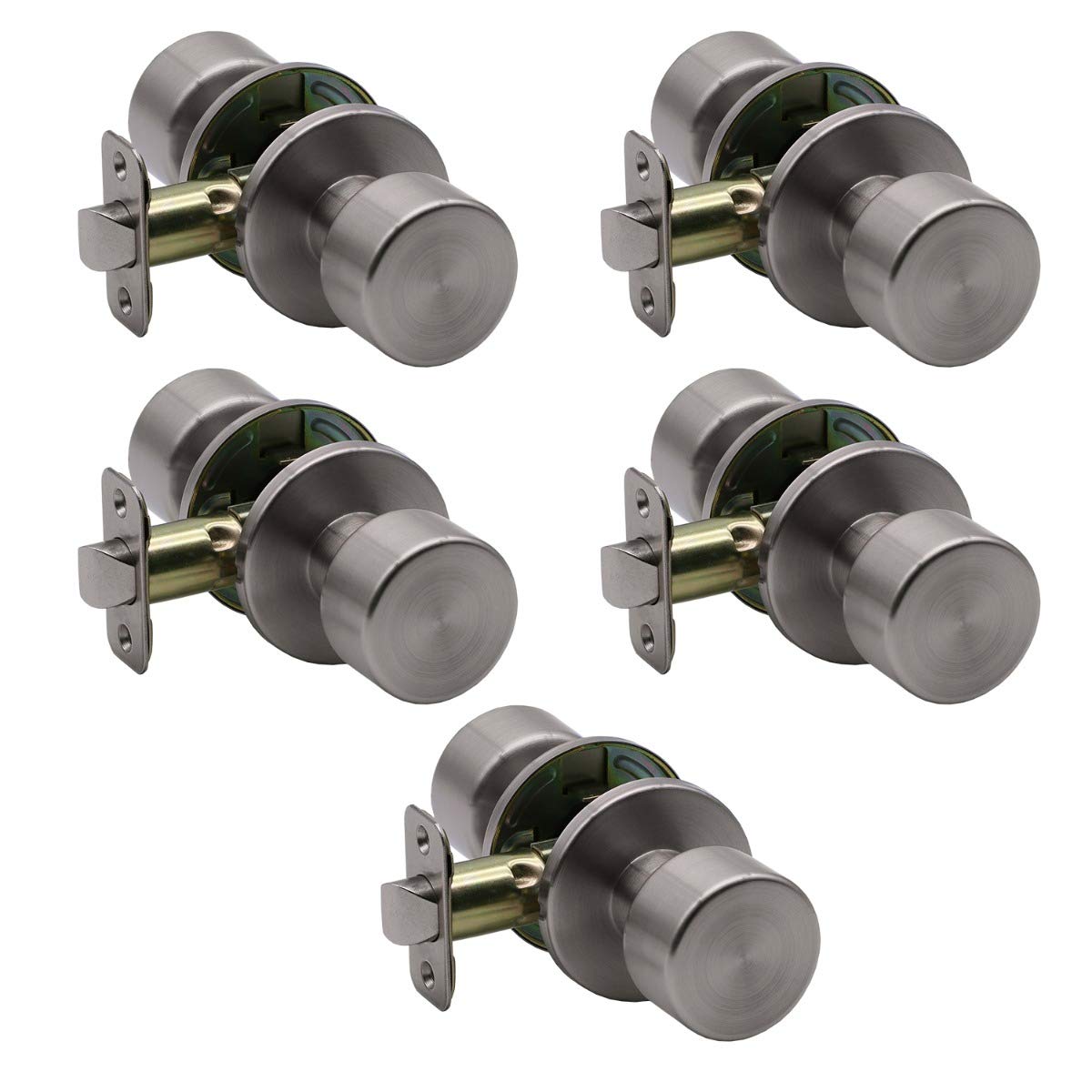 5-Pack Modern Satin Nickel Door Knobs - Round Rose Design for Hall Closet & Interior Doors | Durable Hardware for Home & Office Use