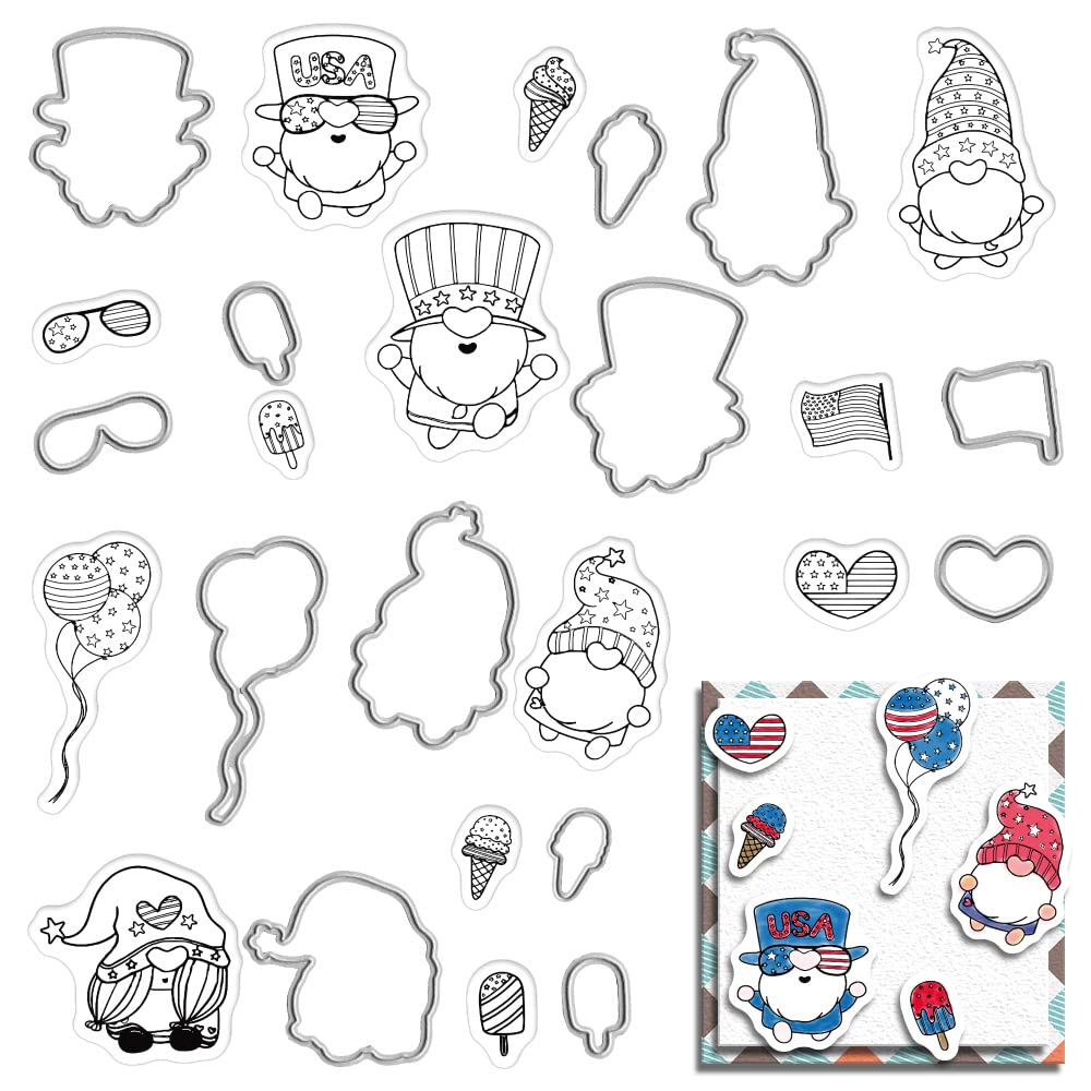 ALIBBON Patriotic Gnomes Clear Stamps & Dies Set - 4th of July Themed Transparent Silicone Rubber Stamps with Metal Cutting Dies for DIY Card Making, Scrapbooking, Photo Album Decorations - Perfect for Independence Day Crafts, Holiday Greeting Cards & Home Decor Projects