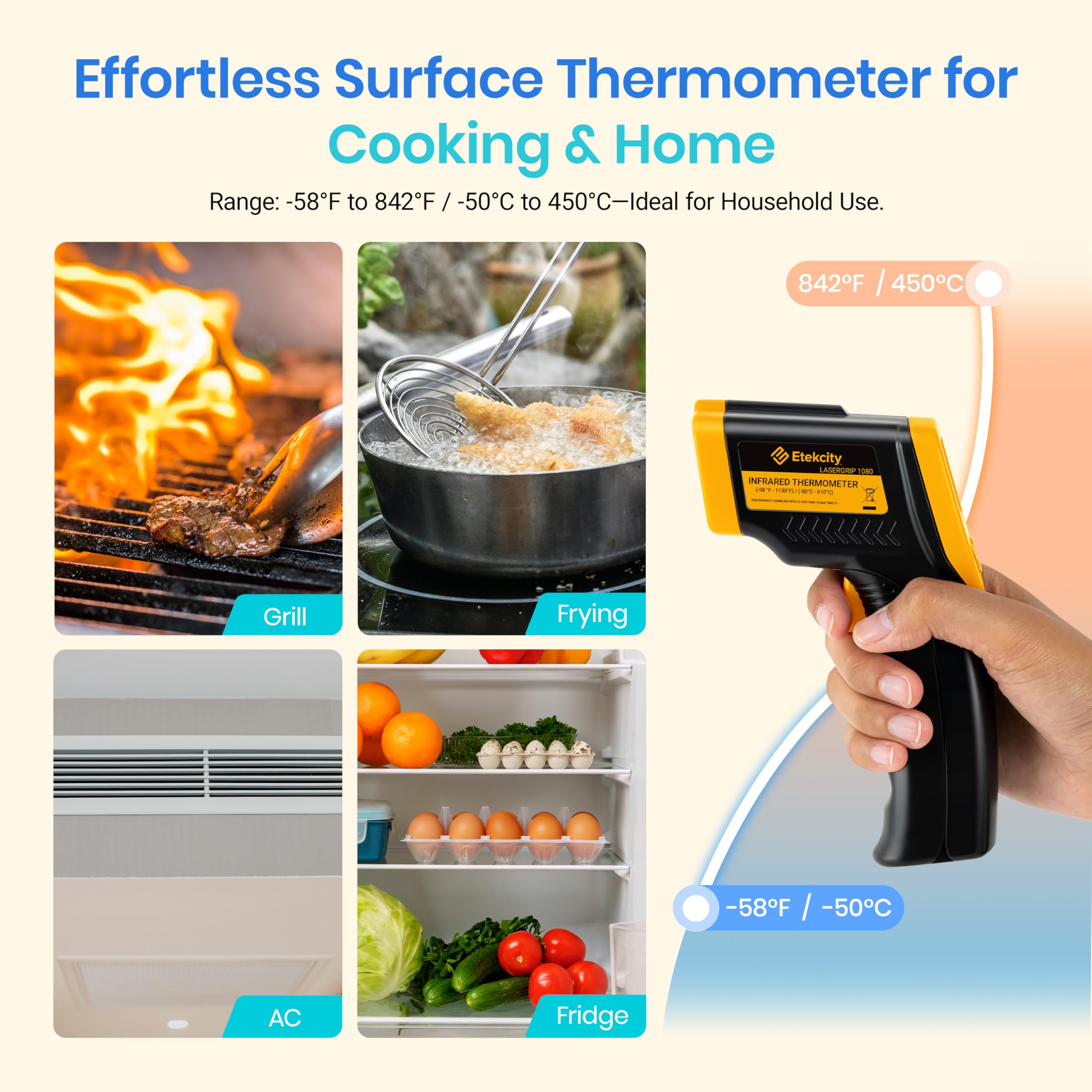 Etekcity 774 Infrared Thermometer Gun -58°F to 842°F, Non-Contact Digital Laser Temperature Gun for Cooking, Meat, Candy, Oven, Grill, Refrigerator | Perfect for Home Kitchen, BBQ, HVAC, Automotive & Industrial Use