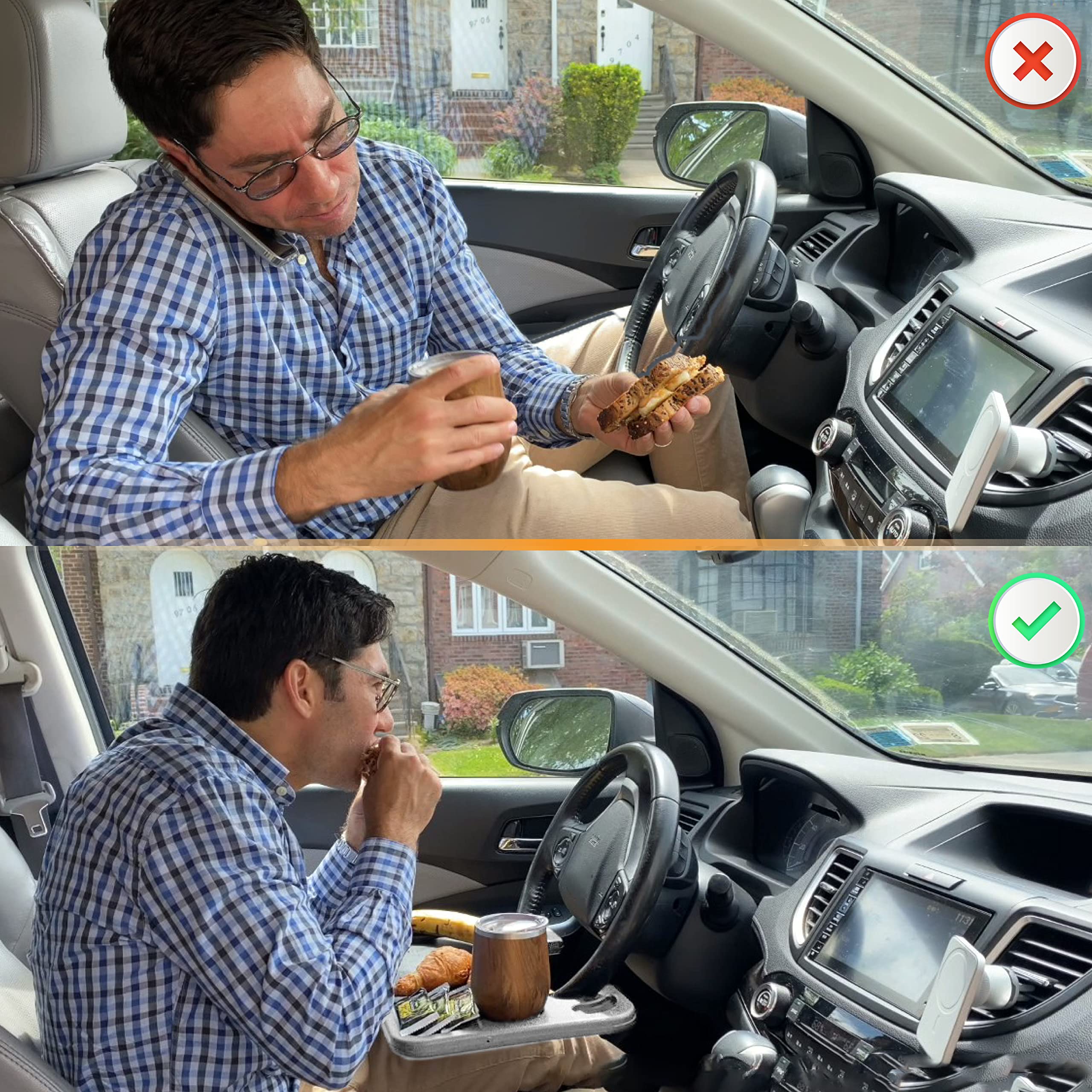 EcoNour 2-in-1 Car Steering Wheel Desk - Dark Grey Laptop Tray with Food Holder & Drink Cup Slot | Portable Workstation for Eating, Working & Studying in Car | Perfect for Commuters, Road Trips & Delivery Drivers