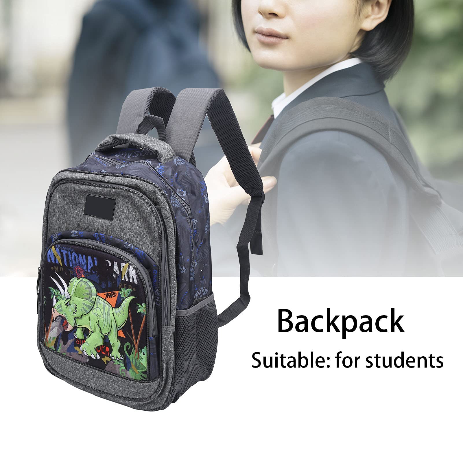 Dinosaur Backpack for School, Travel & Shopping - Light Gray Comfortable Book Bag with Smooth Zipper & Breathable Design - Perfect for Students, Commuters & Outdoor Adventures