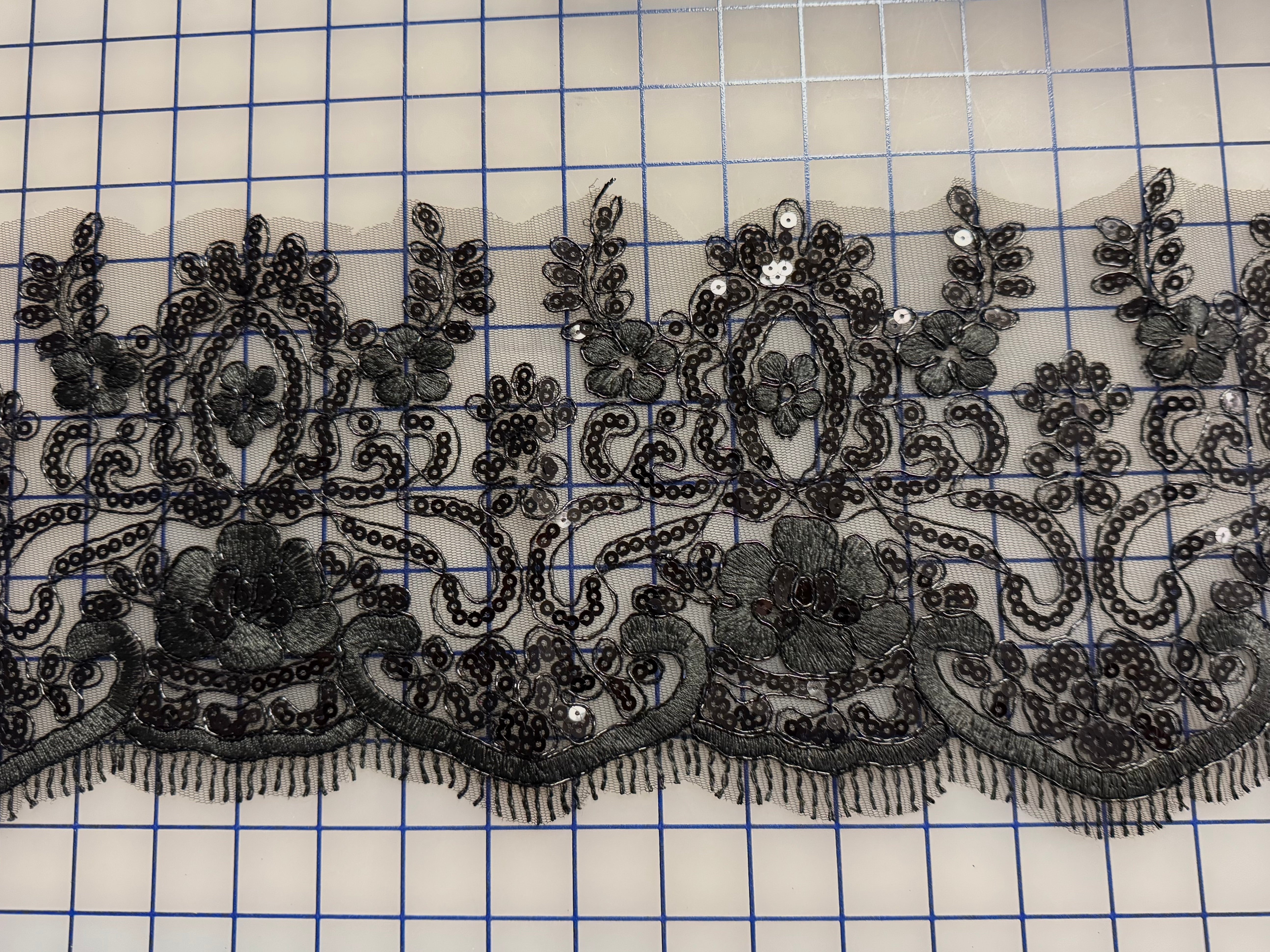 Black Applique Sequined Lace Motif Border - 26 Inch Piece for Wedding Dresses, Evening Gowns & DIY Costume Design