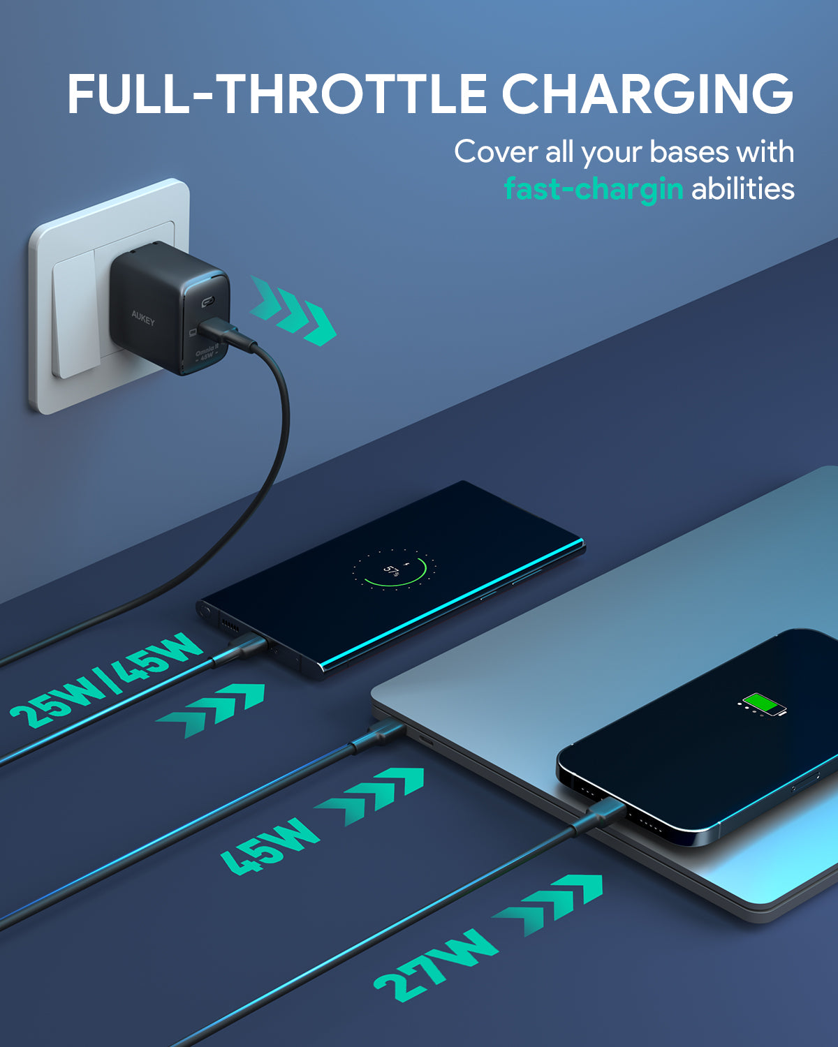 AUKEY PA B2T 45W USB C PD Fast Charger - Compact & Powerful Wall Charger for iPhone 15/14/13, Samsung Galaxy, iPad, MacBook - Perfect for Travel, Home & Office Use