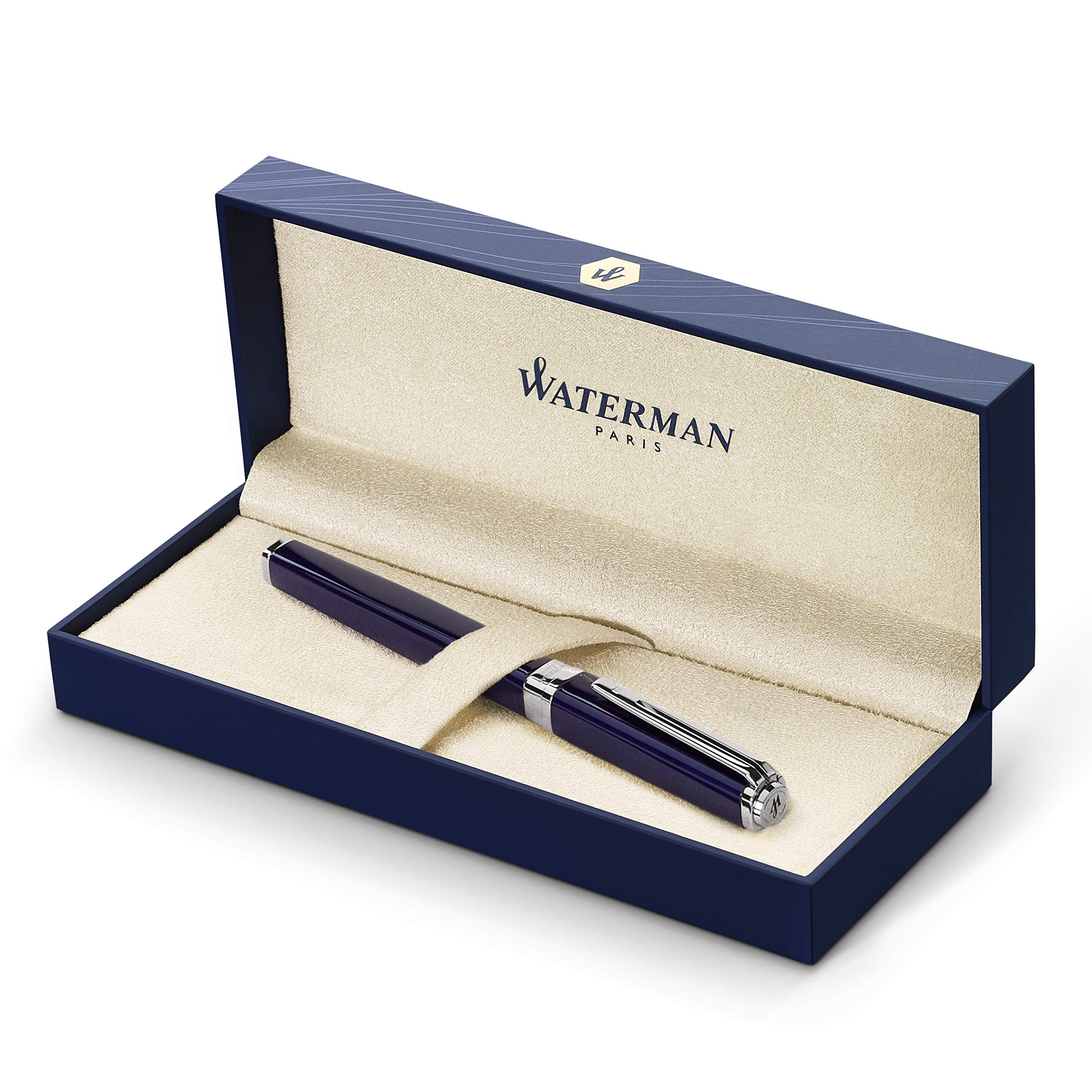 Waterman Exception Fountain Pen - Slim Blue with Silver Plated Clip, Fine Nib & Blue Ink Cartridge - Luxury Writing Gift Box for Professionals & Collectors - Perfect for Office, Signatures & Special Occasions