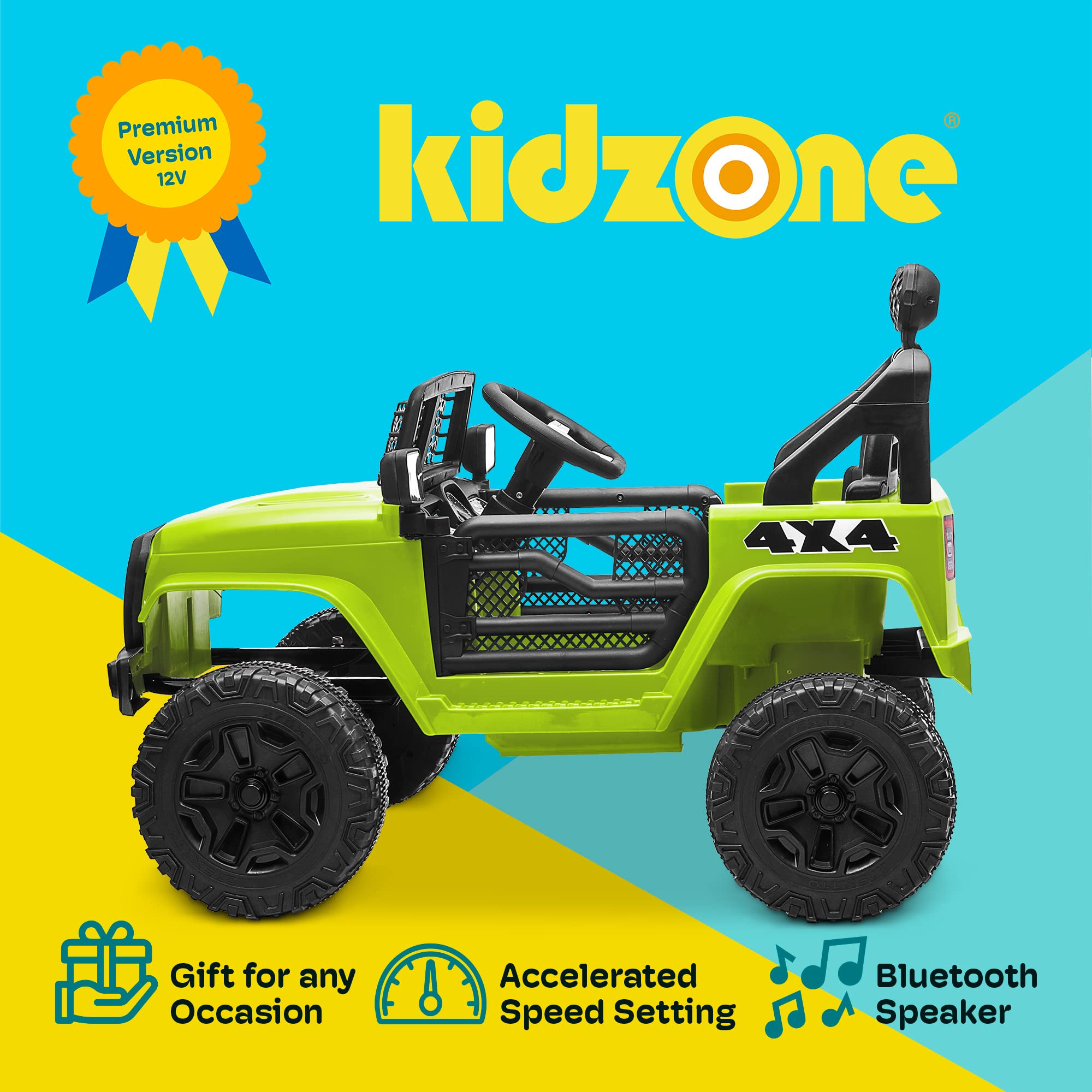 Kidzone 12V Battery Powered Ride On Truck - Electric Kids Car Toy with DIY License Plate, 4 Wheeler Quad, Parent Remote Control, MP3 Player, Dual Speed & LED Lights - Green | Perfect for Outdoor Play & Birthday Gifts