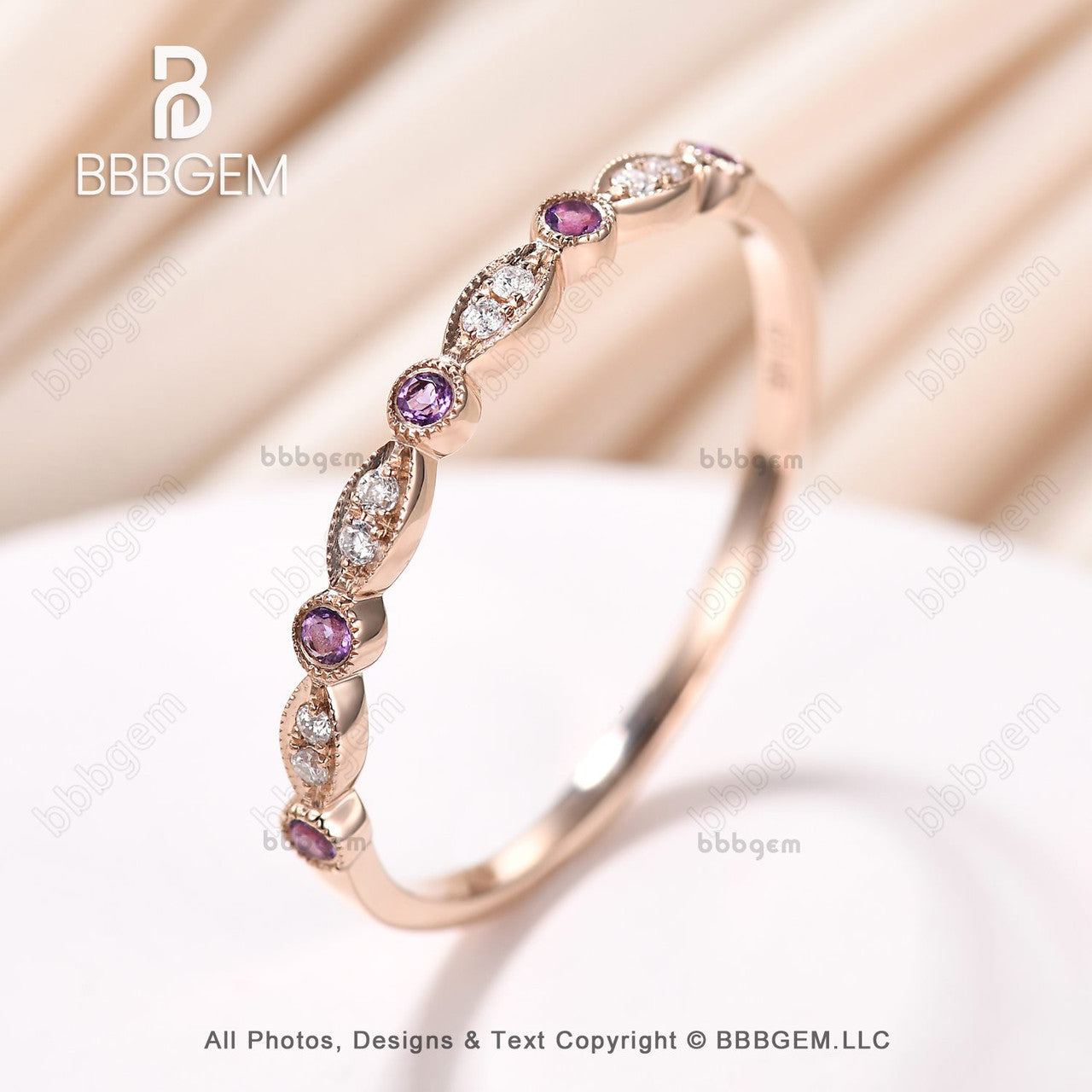 Milgrain Marquise & Dot Amethyst Moissanite Wedding Ring - 14K Rose Gold Half Eternity Band for February Anniversary, Engagement & Bridal Jewelry - Perfect for Valentine's Day Gifts, Proposals & Special Occasions