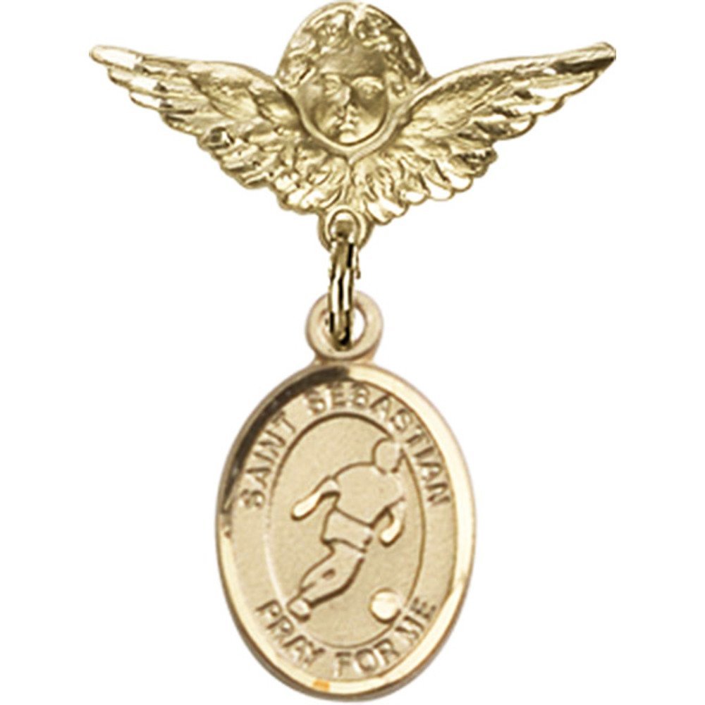 Gold Filled Baby Badge Pin with St. Sebastian & Soccer Charm - Angel Wing Design (1