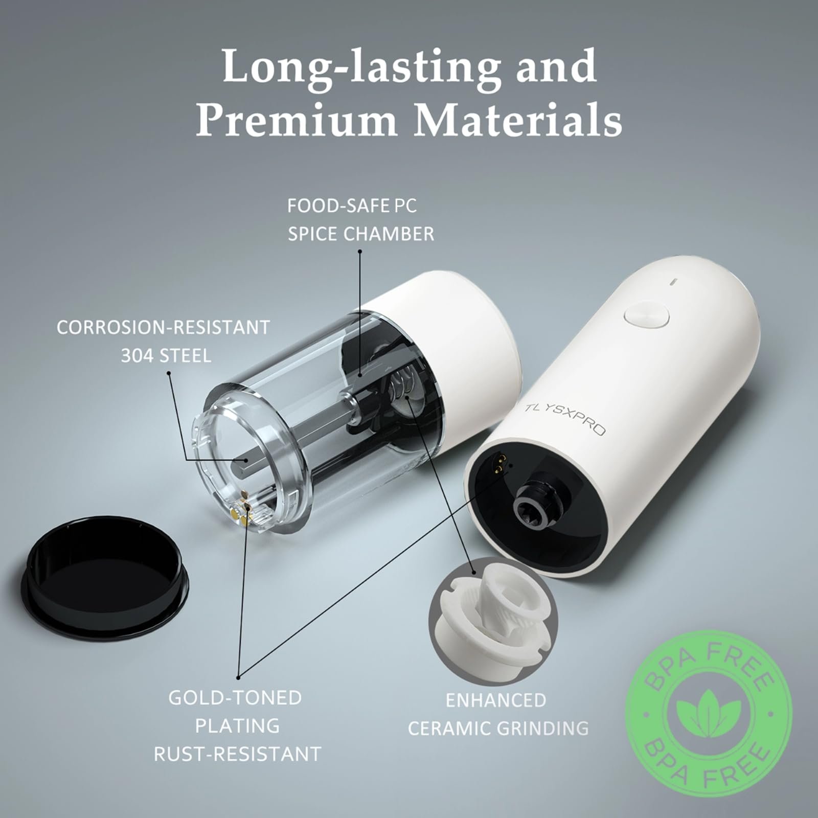 Premium Electric Salt and Pepper Grinder Set - USB Rechargeable Automatic Mill with Adjustable Coarseness, LED Light & Refillable Design (2 Pack, Black & White) - Perfect for Kitchen, Dining Table, Camping & Gifts