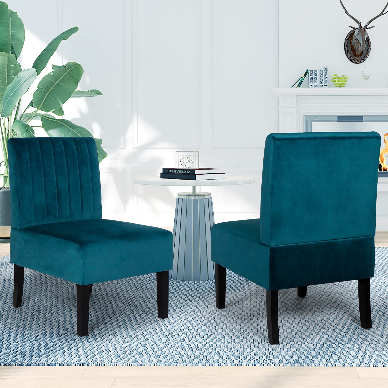 STHOUYN Modern Velvet Armless Accent Chairs Set of 2 - Blue Decorative Slipper Chairs for Bedroom, Vanity, Living Room & Office - Perfect as Desk Chairs, Corner Seating or Lounge Furniture