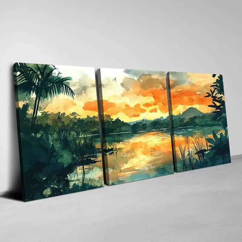 3-Piece Vivid Watercolor Lake Greenery Scenery Art Set - Framed Canvas 50x70cm (20x28in) - High Quality Australian Made Wall Art - Ready to Hang - Perfect for Living Room, Bedroom & Office Decor