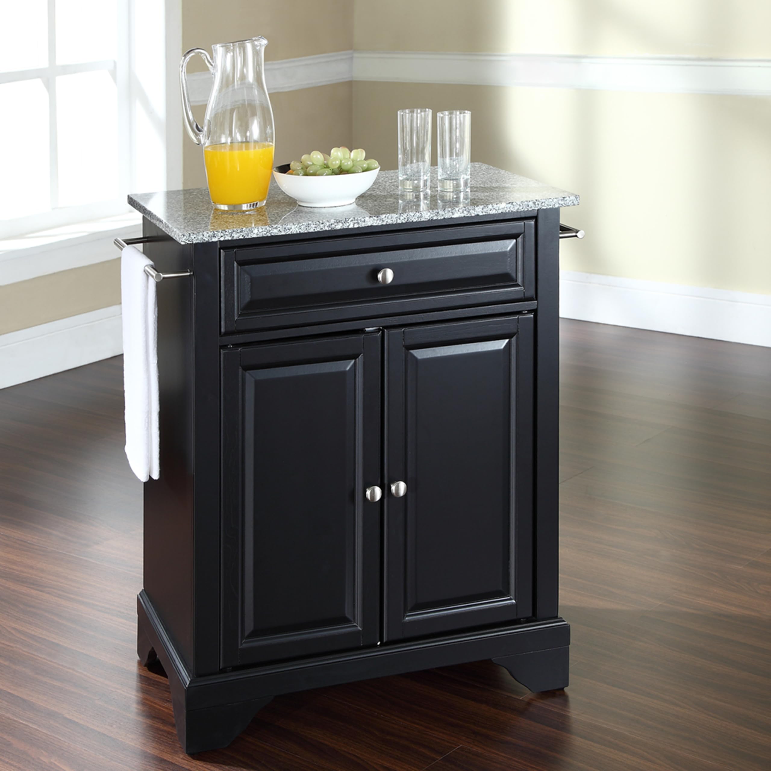 Crosley Lafayette Granite Top Portable Kitchen Island Cart with Wheels - Microwave Stand, Storage Cabinet for Small Spaces, Black - Perfect for Apartments, Dorms & Compact Kitchens