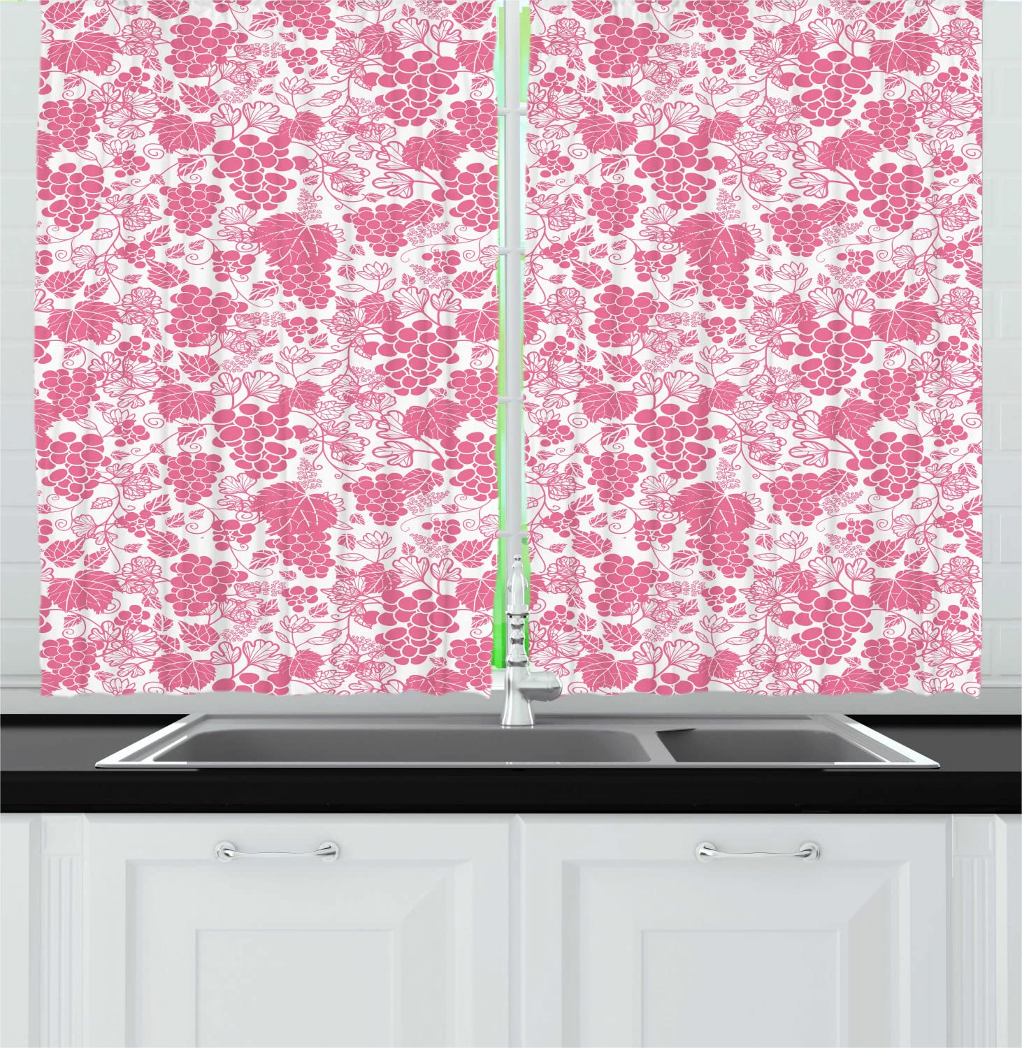 Ambesonne Vines Long Kitchen Curtains - Monotone Grapes Leaves Wine Theme Blush Tones, Rhythmic Abstract Pattern Drapes with Rod Pocket (Set of 2 Panels, 55