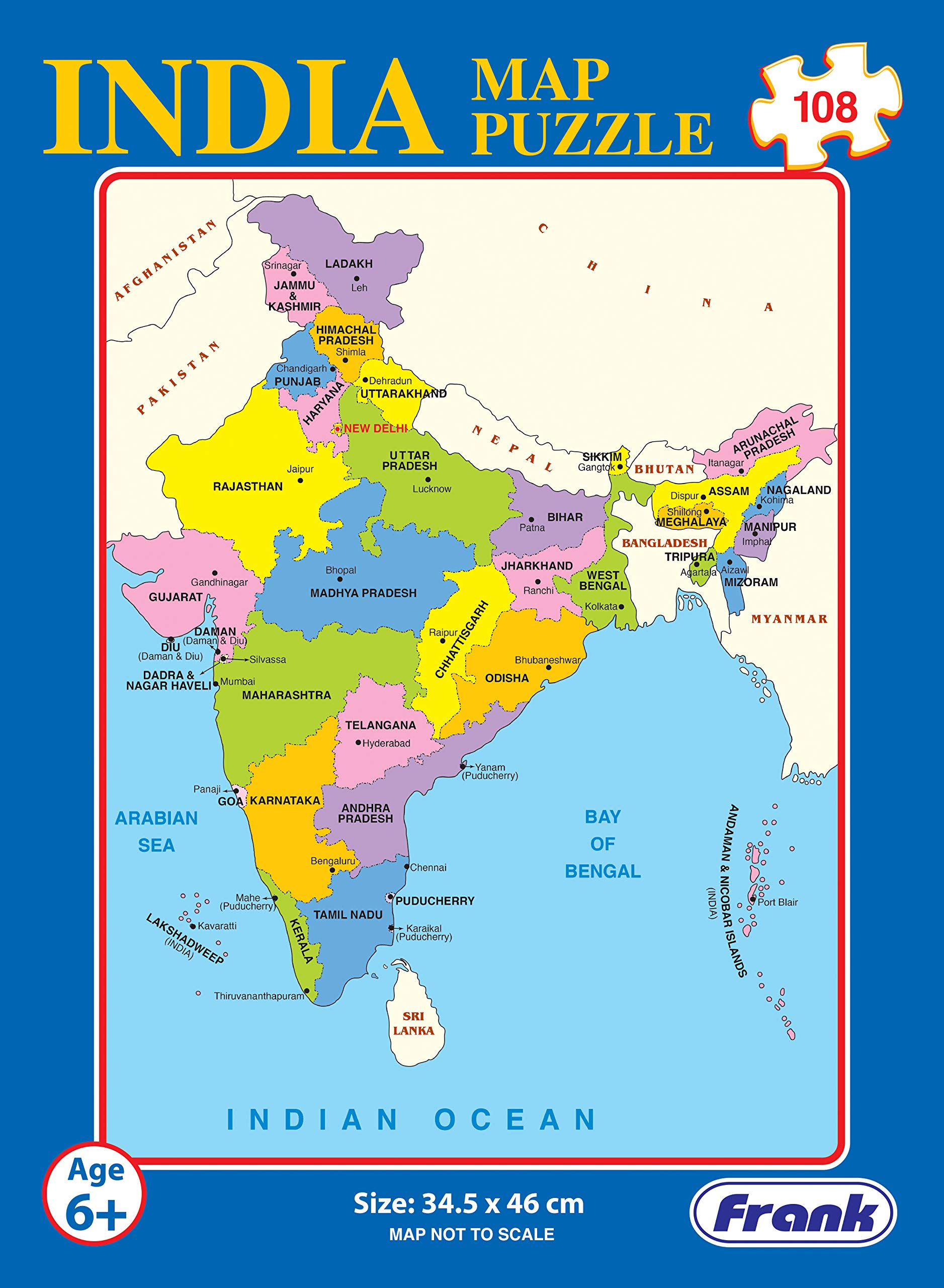Frank India Map Puzzle for Kids Ages 6+ | 108-Piece Educational Geography Toy with States, Capitals & Union Territories | Brain Booster Memory Game | Perfect Gift for Classroom & Homeschool Learning