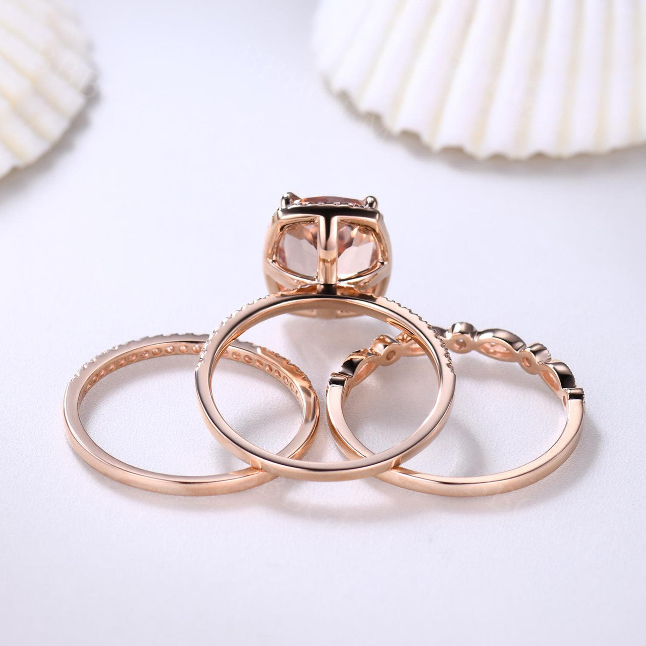 10x8mm Cushion Cut Natural Morganite Engagement Ring Set - 3 Piece Wedding Band Collection for Brides, Promise Rings & Anniversary Gifts | Perfect for Proposals, Valentine's Day & Special Occasions