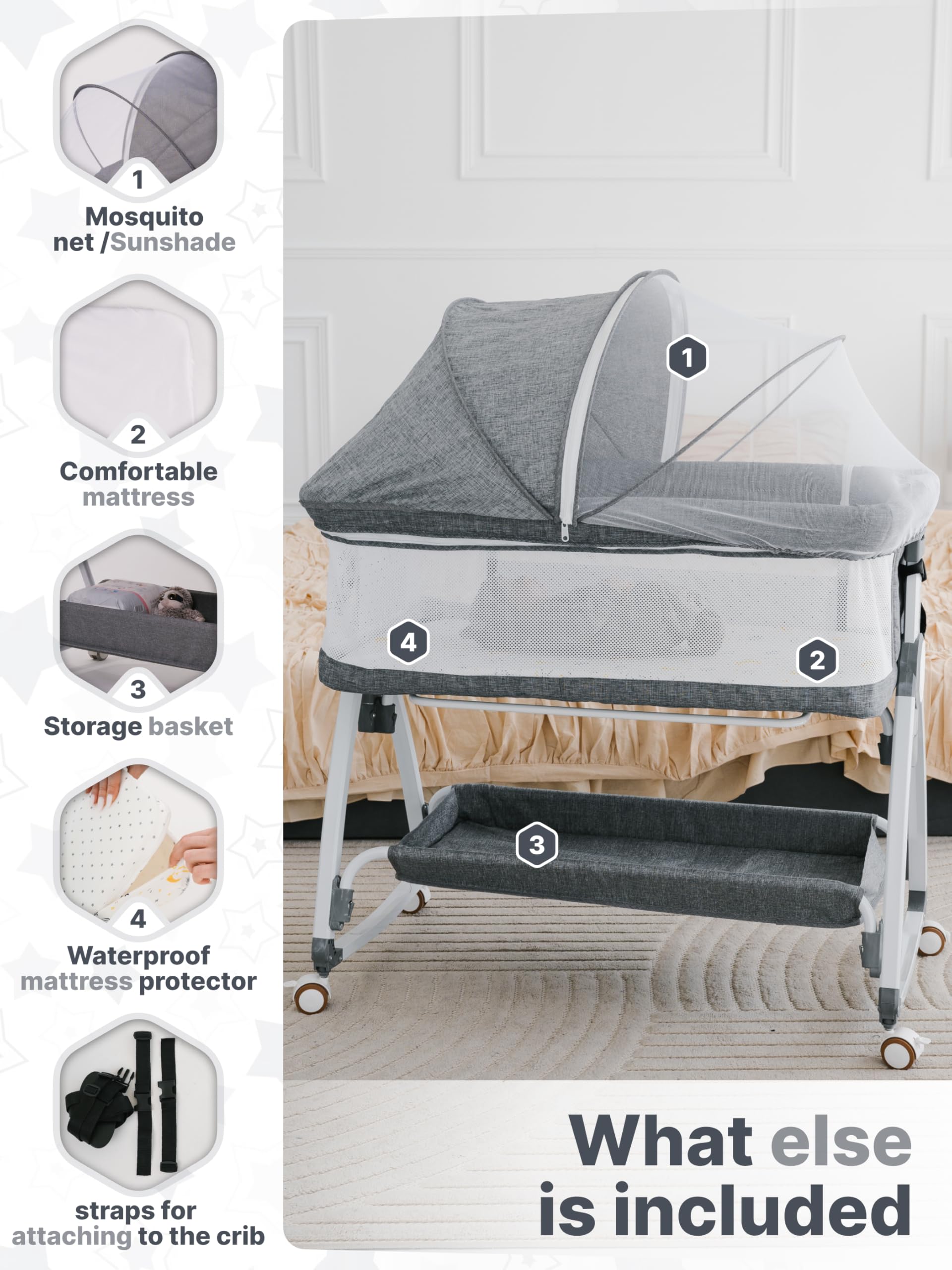 Earth&ME Portable Baby Bassinet Bedside Sleeper with Rocking Motion - Breathable Mesh Crib for Safe Co-Sleeping, Adjustable Height, Storage Basket & Wheels - Includes Travel Bag & Mosquito Net - Perfect for Nursery, Bedroom & Travel Use