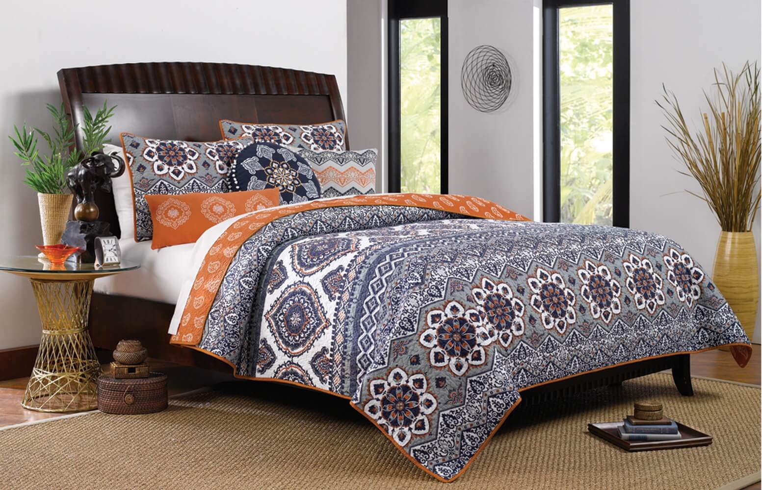 Boho Chic Moroccan Paisley Pattern Grey Orange Cotton 3-Piece Full/Queen Size Quilt Bedding Set - Soft & Stylish Bedspread for Bohemian Bedroom Decor