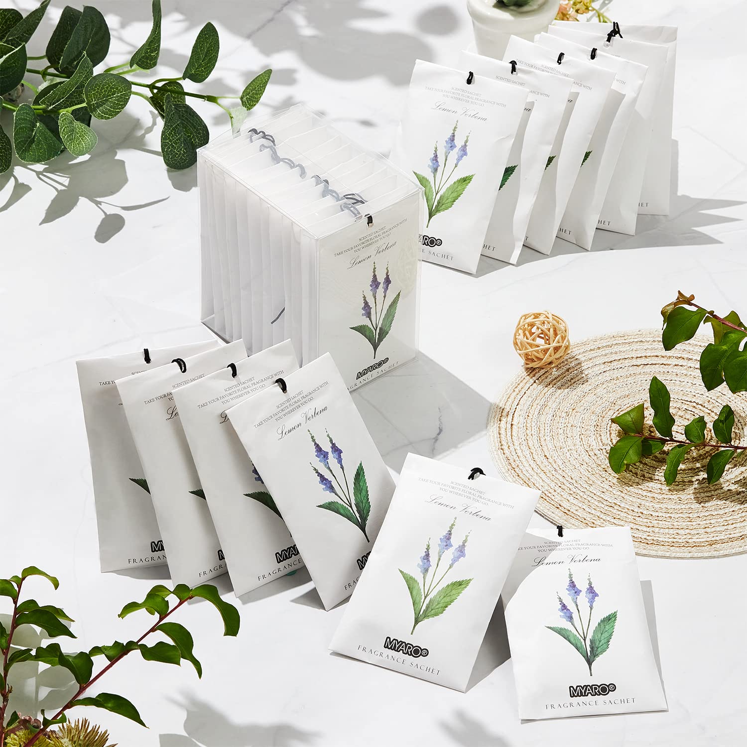 MYARO 12 Pack Lemon Verbena Scented Sachets - Long Lasting Drawer & Closet Freshener, Natural Home Fragrance Potpourri Bags - Perfect for Wardrobes, Dressers, Luggage & Gift Giving