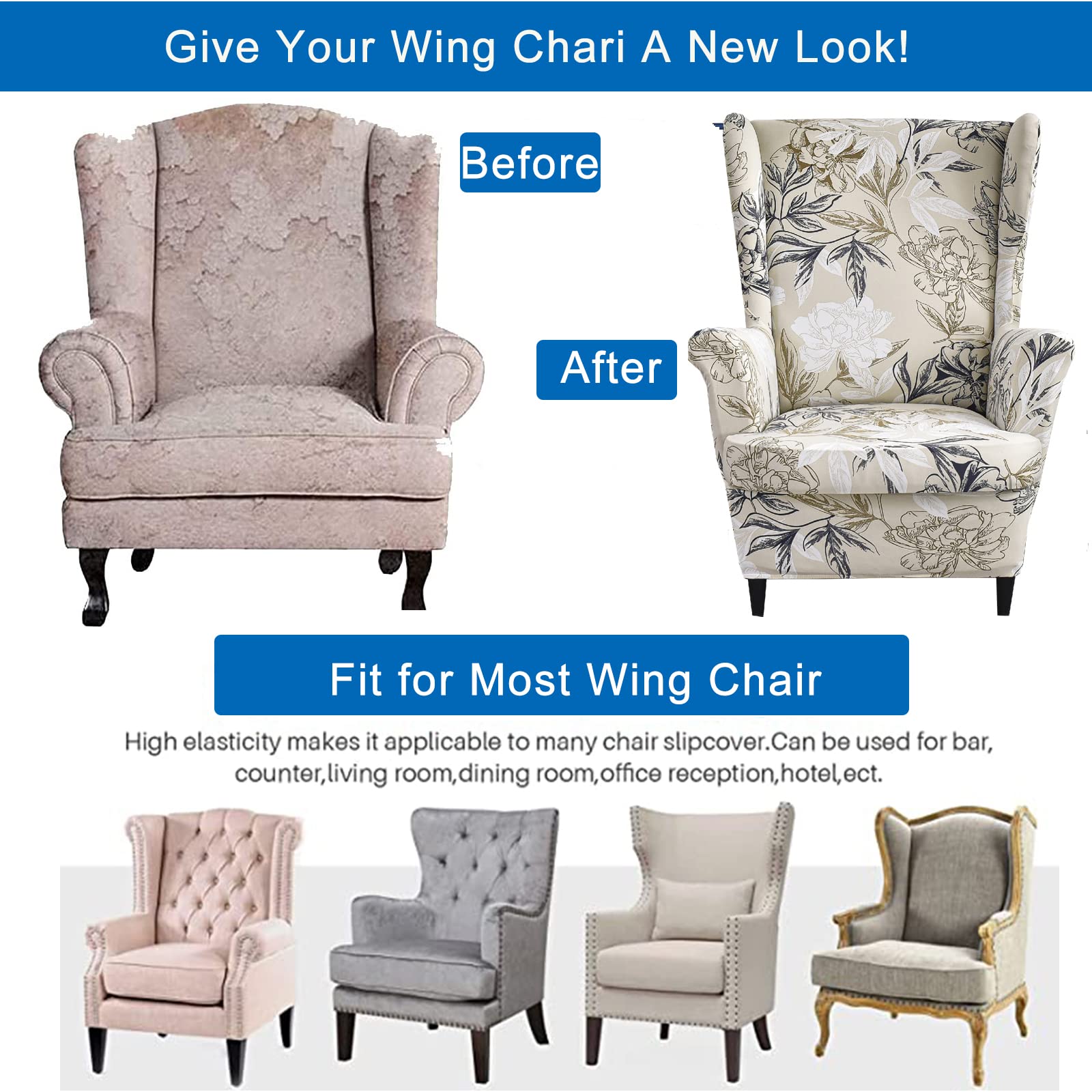 CRFATOP 2-Piece Stretch Wingback Chair Slipcovers - Printed Spandex Fabric with Elastic Bottom - Fits Most Wing Chairs (38