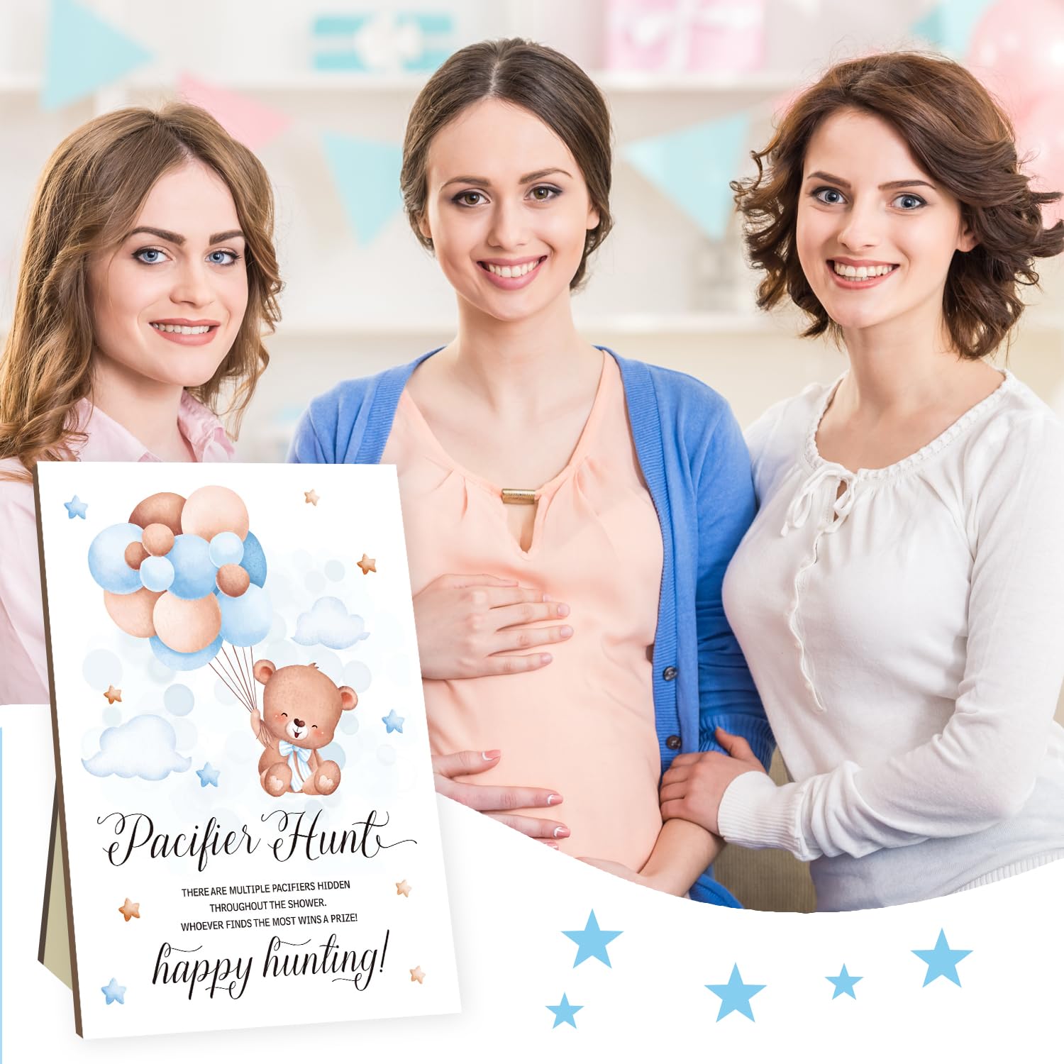 Baby Shower Pacifier Hunt Game Set - 50 Blue Acrylic Mini Pacifiers with Bear Sign - Fun Ice Breaker Activity for Gender Reveal & Newborn Celebrations