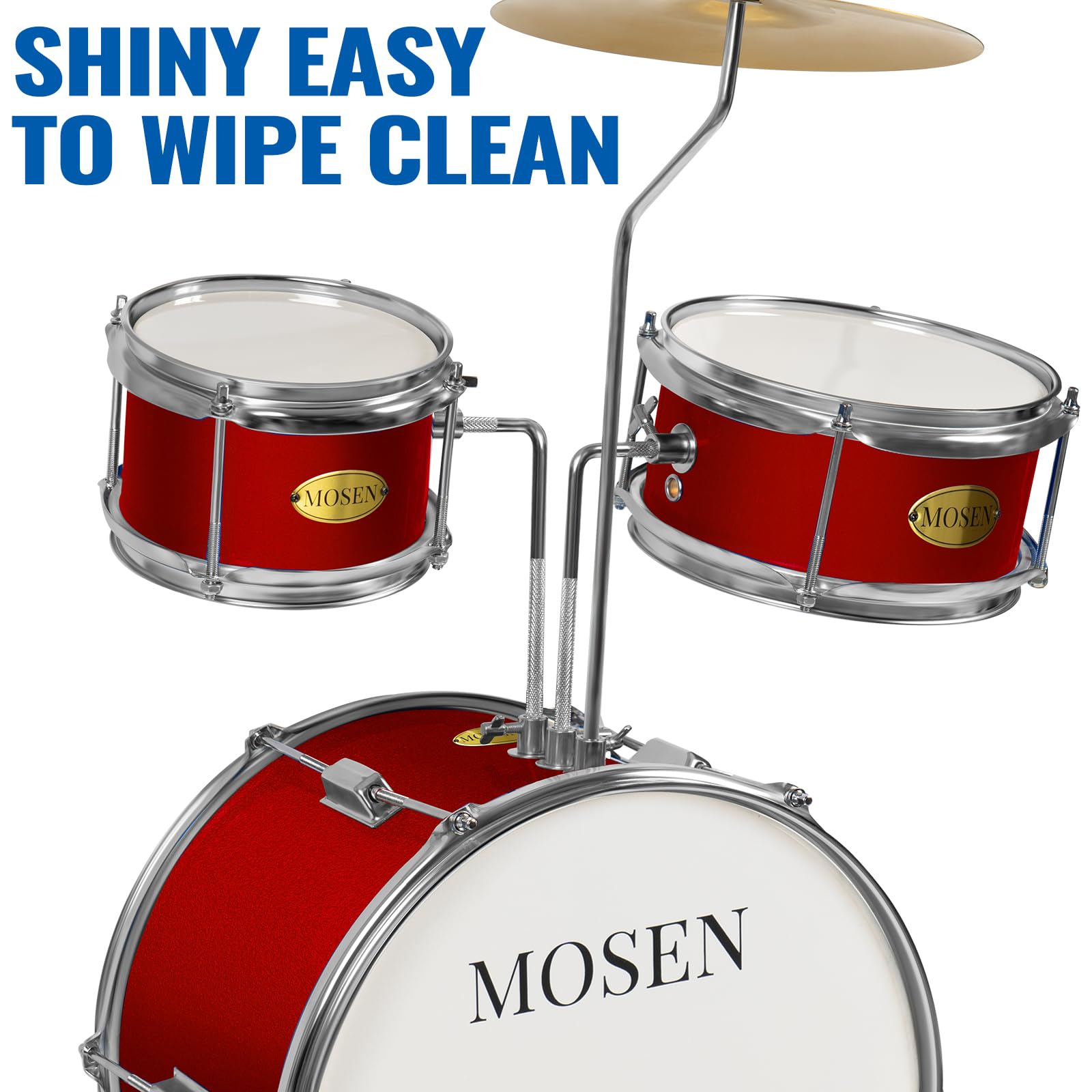 MOSEN 3-Piece Kids Drum Set with Adjustable Throne, Cymbal, Pedal & Drumsticks - Beginner Junior Drum Kit with Bass, Tom & Snare Drum (Red) - Perfect for Home Practice, Music Lessons & Birthday Gifts for Toddlers & Young Children