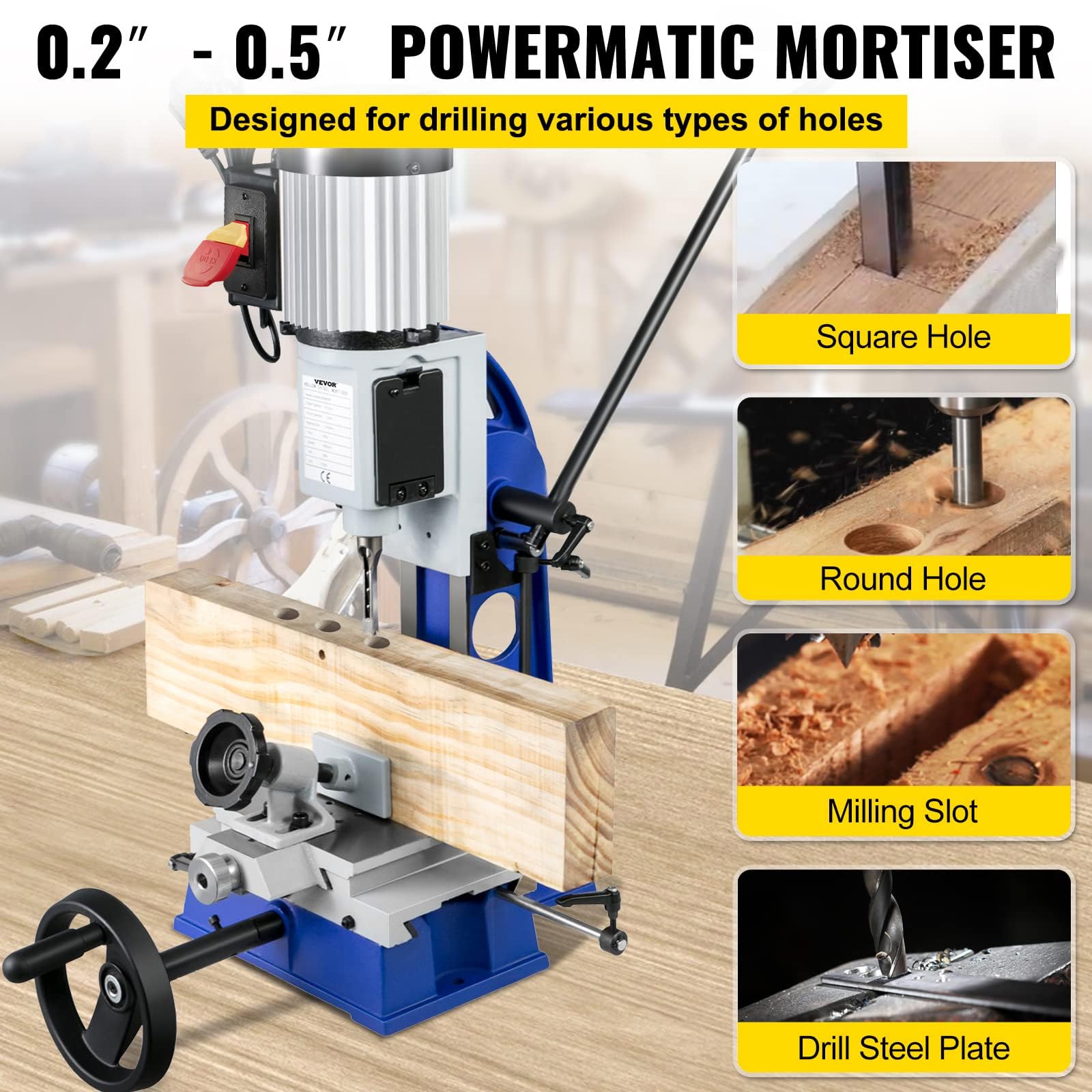 VEVOR 1/2 HP 1700RPM Woodworking Mortise Machine with Movable Workbench | Benchtop Mortiser for Round Holes, Square Holes & Special Woodworking Joints | Perfect for Cabinet Making, Furniture Building & DIY Wood Projects