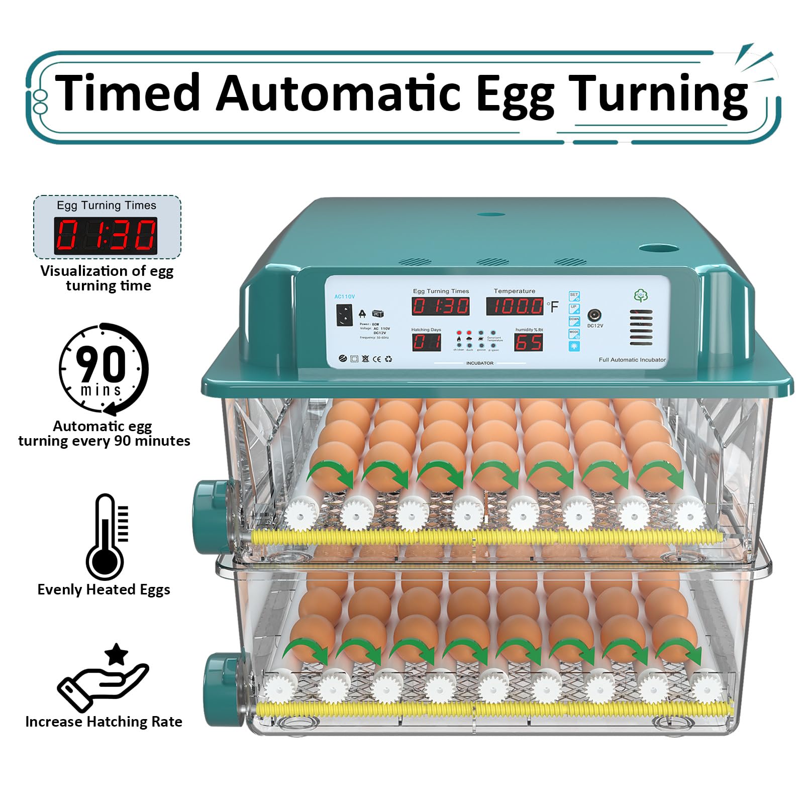 120 Egg Incubator with Automatic Turning, Humidity & Temperature Control - 5 Modes for Poultry, Chicken, Duck Eggs - Perfect for Home, Farm, and Hatching Projects