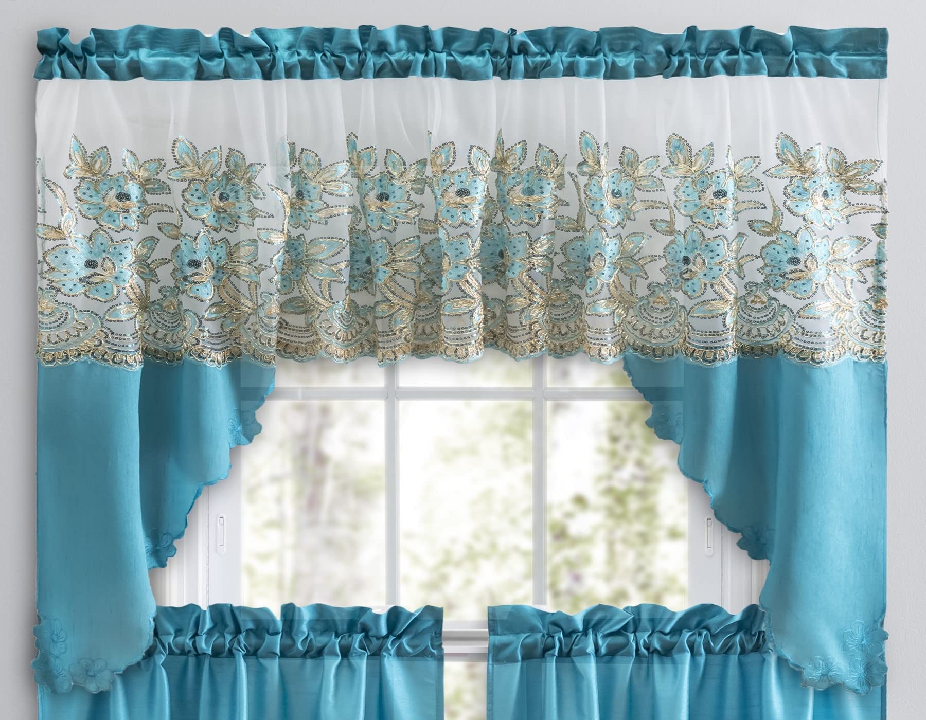 Premium 3-Piece Embroidered Linen Curtain Set with Valance & Tiers - Turquoise Kitchen, Living Room & Bathroom Window Treatments for Elegant Home Decor