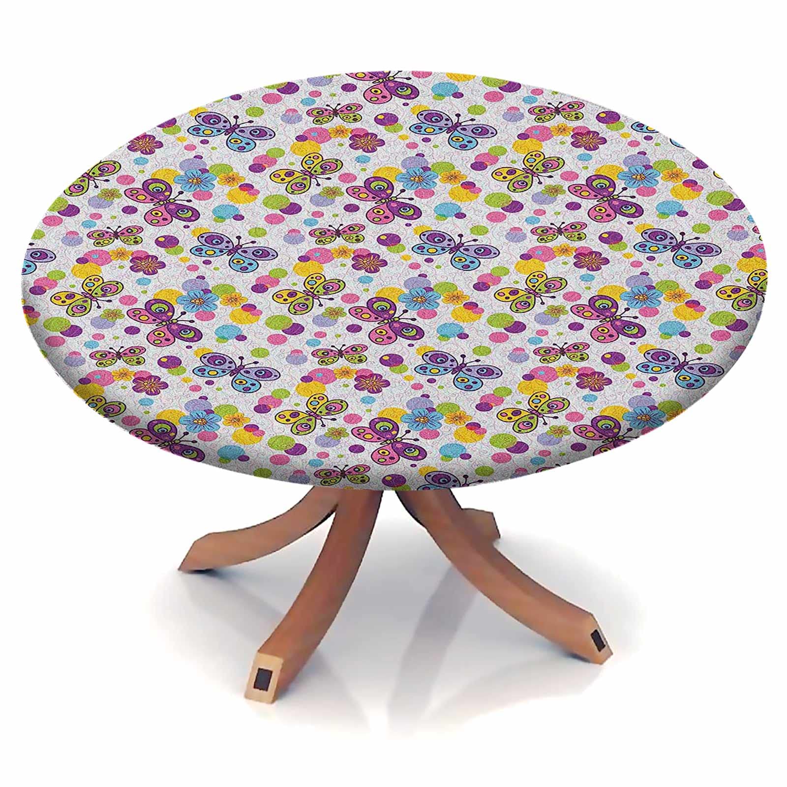 Butterfly Elastic Fitted Edge Tablecloth 60 Inch Round - Waterproof, Stain Resistant, Stretchable Dining Table Cover for 48