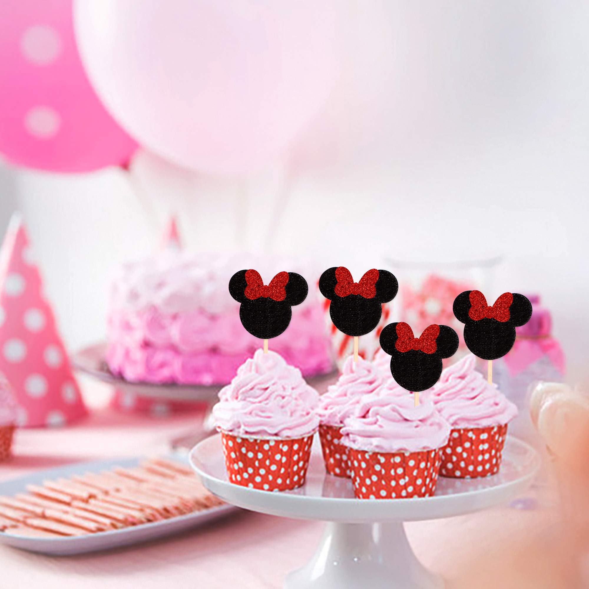 Ercadio Mouse Inspired Cupcake Toppers with Red Bow - Black Glitter Cupcake Picks Decorations (24 PCS) for Baby Shower, Kids Birthday Party, Girls Celebration - Perfect for Dessert Decor, Baking Supplies, and Themed Events