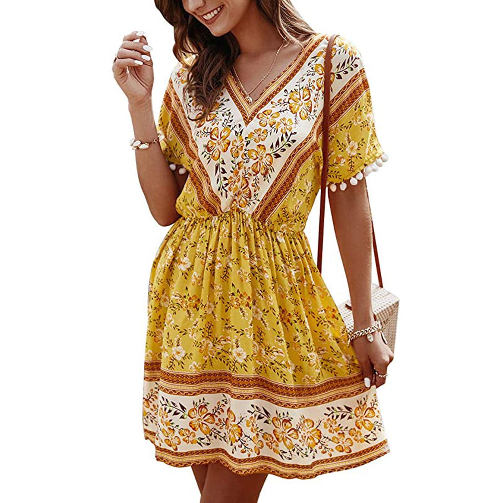 Women's Floral Print Short Sleeve Mini Dress - Summer Casual Boho Beach Party Dress | Perfect for Vacations, Date Nights & Outdoor Festivals