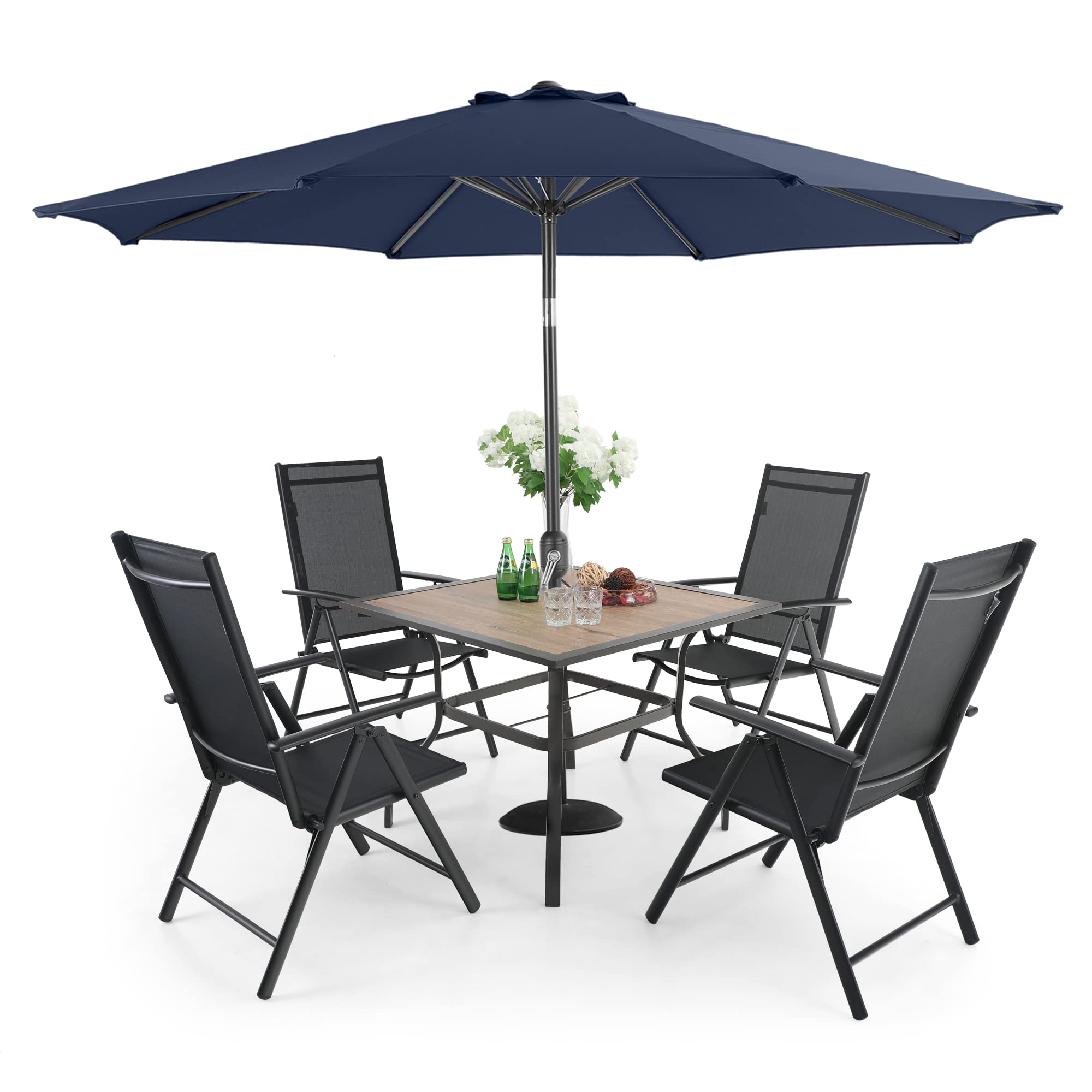 5-Piece Outdoor Patio Furniture Set with 9ft Navy Blue Umbrella - Black Folding Sling Chairs & Square PVC Metal Table with 1.57