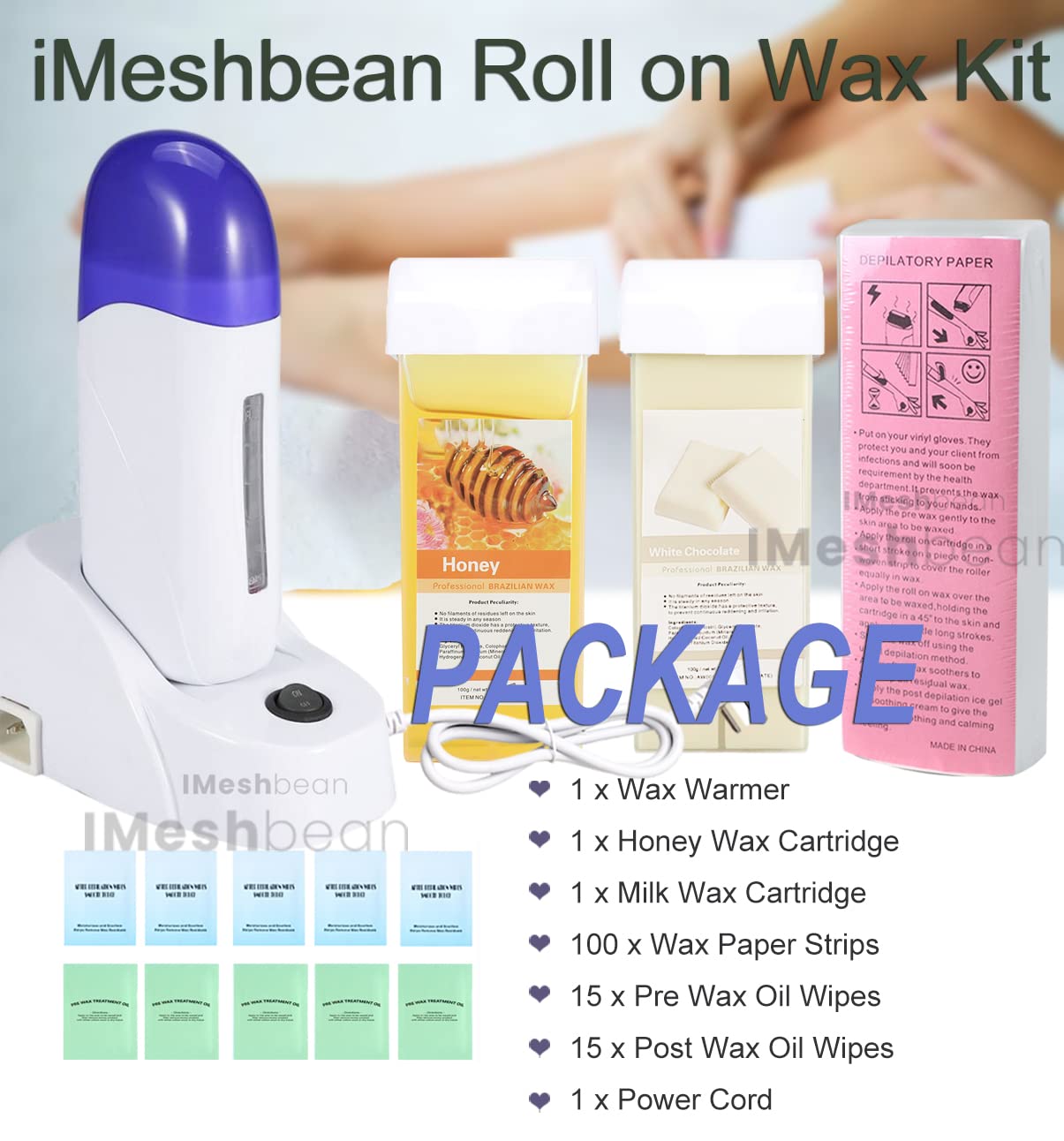 iMeshbean® Wax Heater Kit for Hair Removal - Roll-On Wax Warmer with Honey & Milk Cartridges, Depilatory Strips - At-Home Waxing for Women & Men (2 Wax, 1 Paper) | Smooth Legs, Bikini Line & Underarms