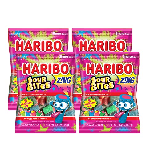 Haribo Sour Bites Gummy Candy - Pack of 4 (4oz to 5oz Bags) - 20 Flavor Variety - Perfect for Parties, Snacking & Gift Giving
