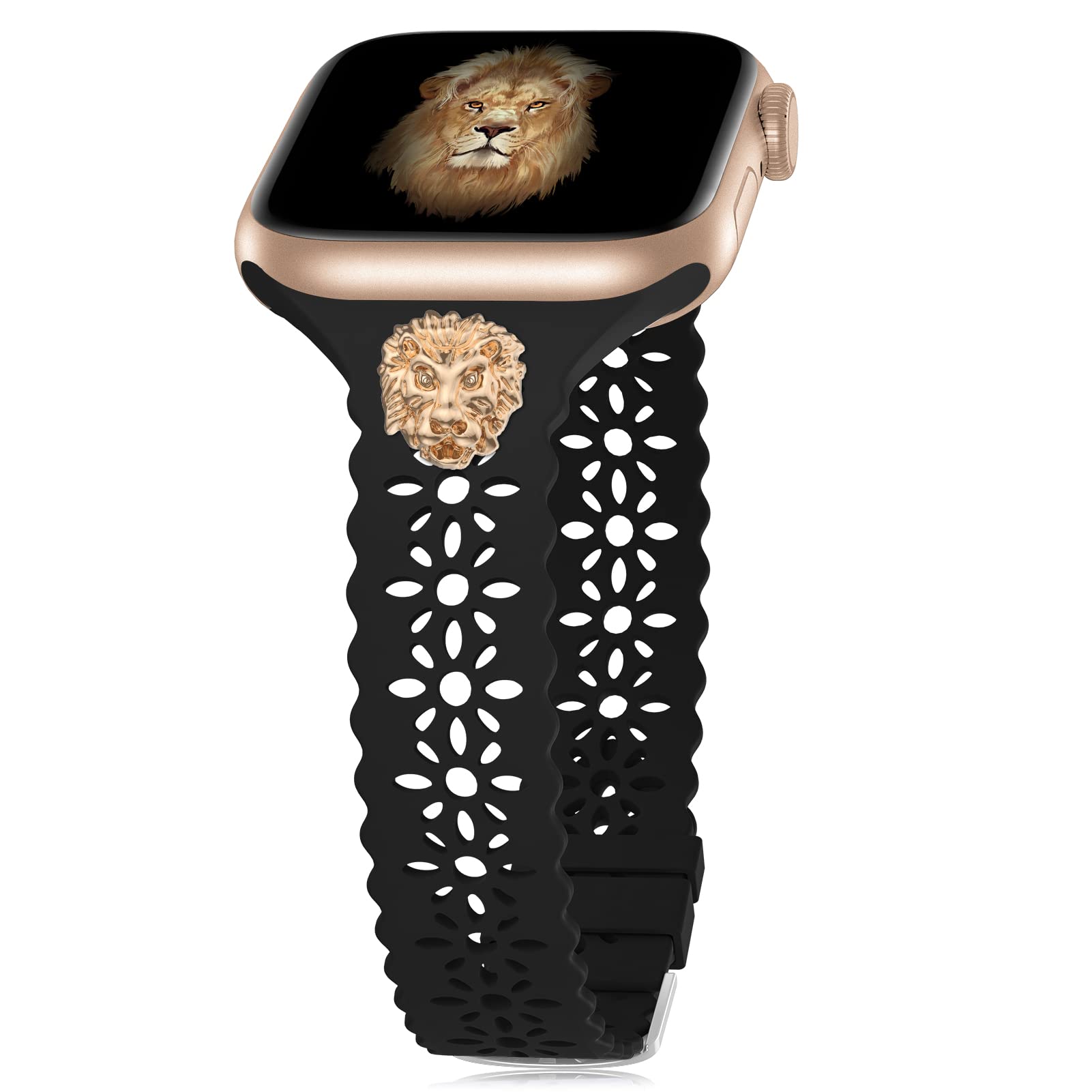 Elegant Lace Silicone Band with Charms for Apple Watch 38mm 40mm 41mm 42mm 44mm 45mm - Women's Slim Sport Band Compatible with iWatch Series 7/6/SE/5/4/3/2/1 - Perfect for Workouts, Office & Casual Wear