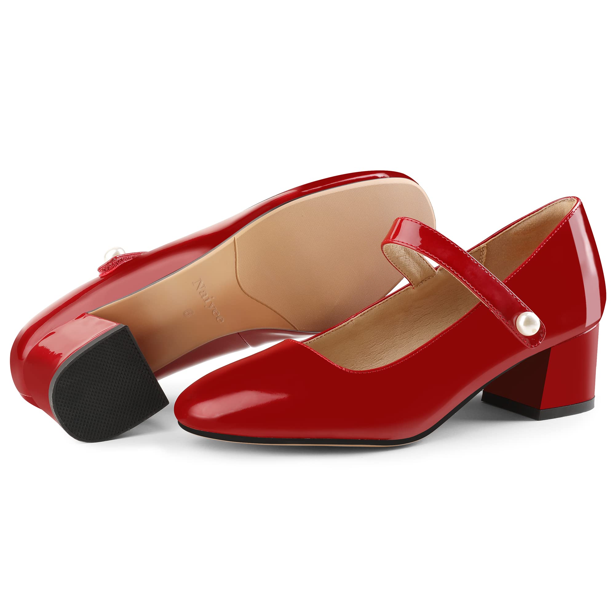 Naiyee Women's Mary Jane Shoes - Chunky Heel Ankle Strap Dress Pumps with Rounded Toe | Comfortable Low Heels for Work, Weddings & Special Occasions