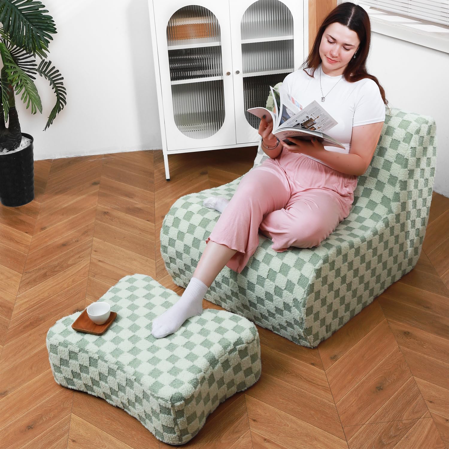 Comfortable Bean Bag Chair with Footstool - Modern Lazy Sofa Chair for Adults, Cozy Floor Seating for Living Room & Bedroom - Mint Green - Perfect for Relaxing, Gaming, and Movie Nights