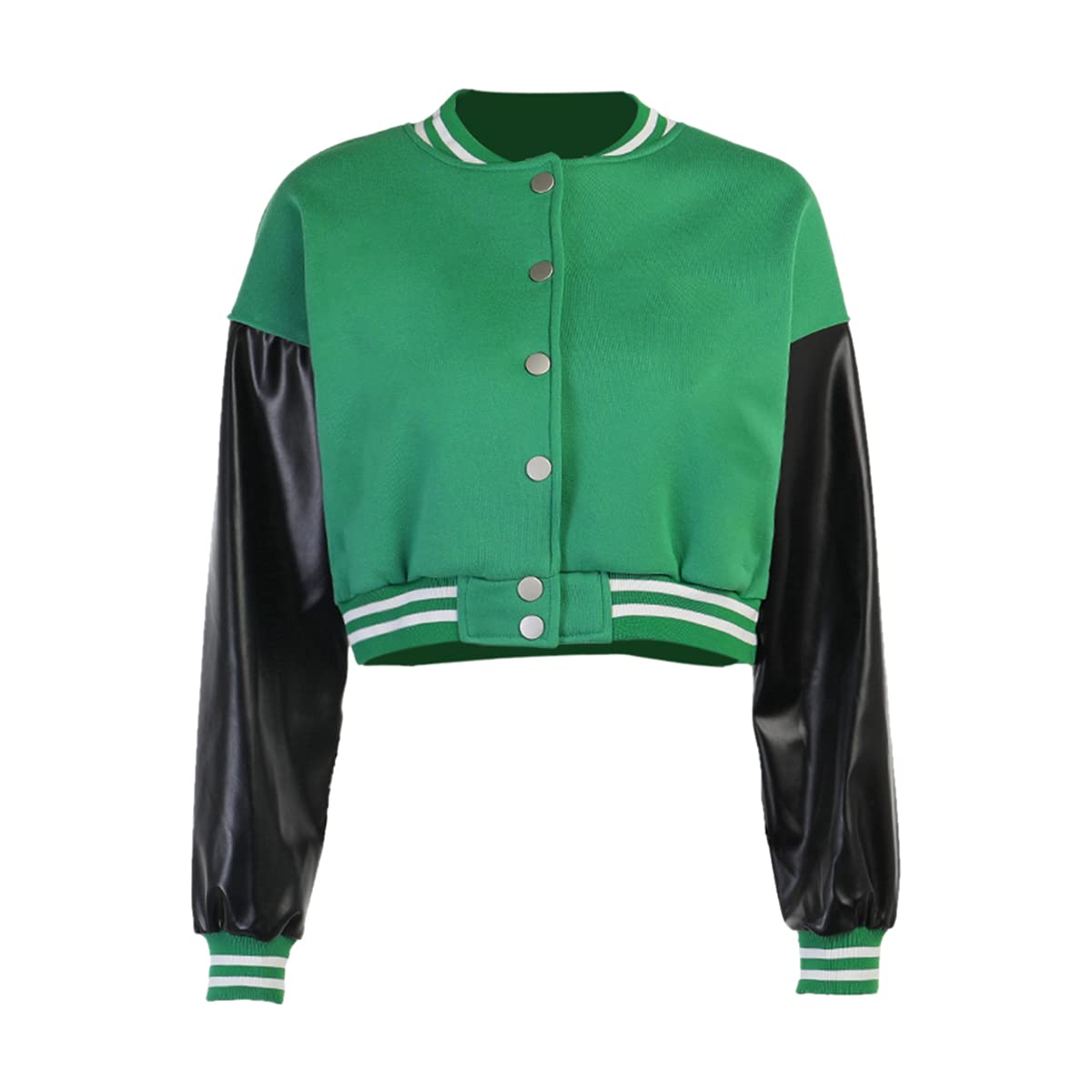 KIRJAUDU Women's Colorblock Patchwork Varsity Baseball Jacket - PU Leather Sleeve Cropped Bomber Coat for Casual Outfits & Streetwear Fashion