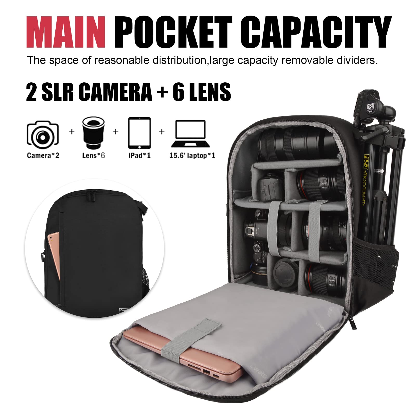 Professional DSLR SLR Camera Backpack - Waterproof & Shockproof Camera Bag for Sony Canon Nikon DSLR Cameras & Accessories (2.0 Black, Large Size) - Perfect for Travel, Hiking & Photography Sessions