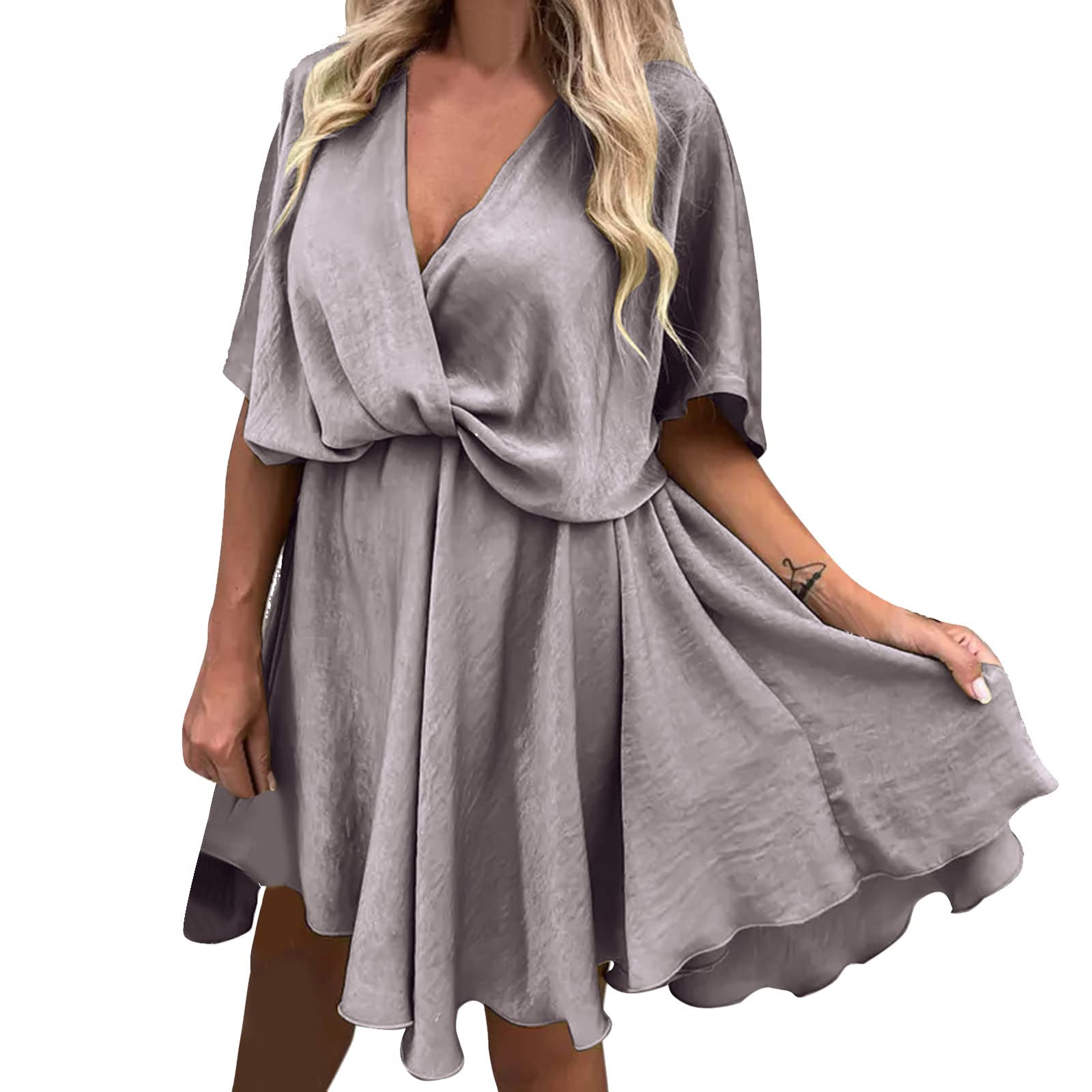 Elegant Summer Wedding Guest Dresses for Women - Solid Print Batwing Sleeve Mini Dress with Flowy Swing Skirt | Perfect for Garden Weddings, Cocktail Parties & Special Occasions