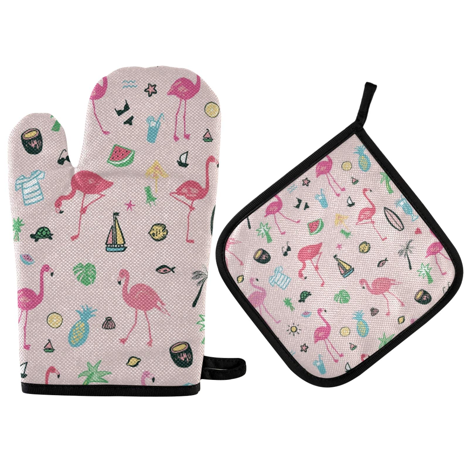 Emelivor Heat Resistant Oven Mitts & Pot Holders Set - Non-Slip Kitchen Gloves for Baking, Grilling, Cooking - Flamingo Design Potholders for BBQ, Roasting, and Hot Dish Handling