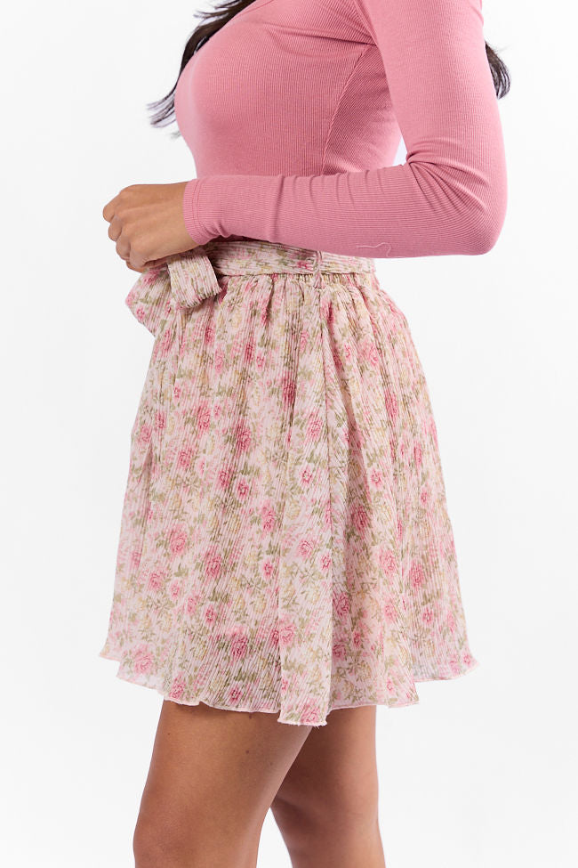 Brunch & Beyond Pink Multi-Pleated Belted Floral Skort - Women's High Waist Stretchy Skirt Shorts for Summer Outfits | Perfect for Brunch Dates, Garden Parties & Casual Wear