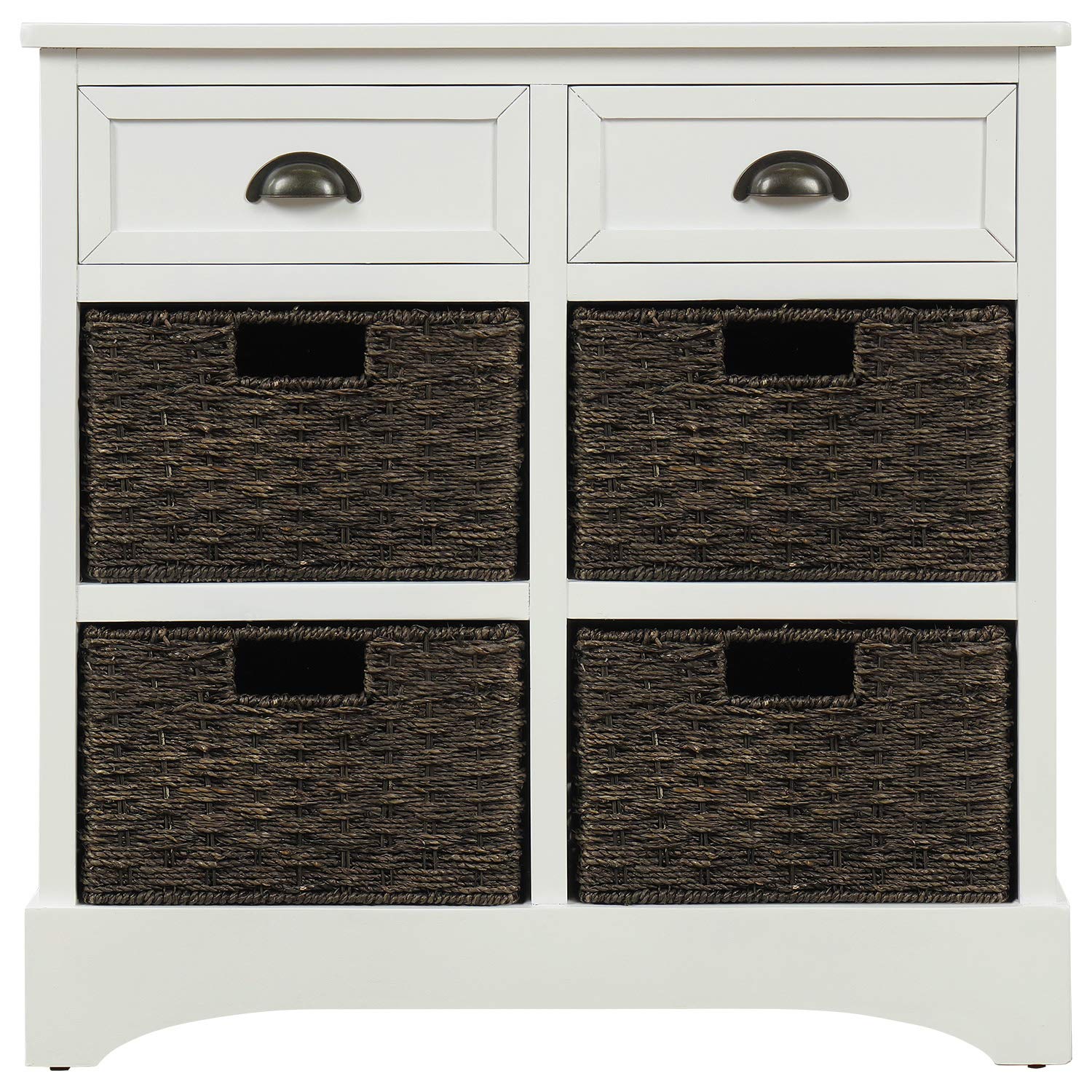 Quarte Rustic Wood Storage Cabinet with 2 Drawers & 4 Rattan Baskets - Entryway Table for Kitchen, Dining Room, Living Room | Farmhouse Home Decor Organizer for Entryways, Bedrooms & Bathrooms (White)