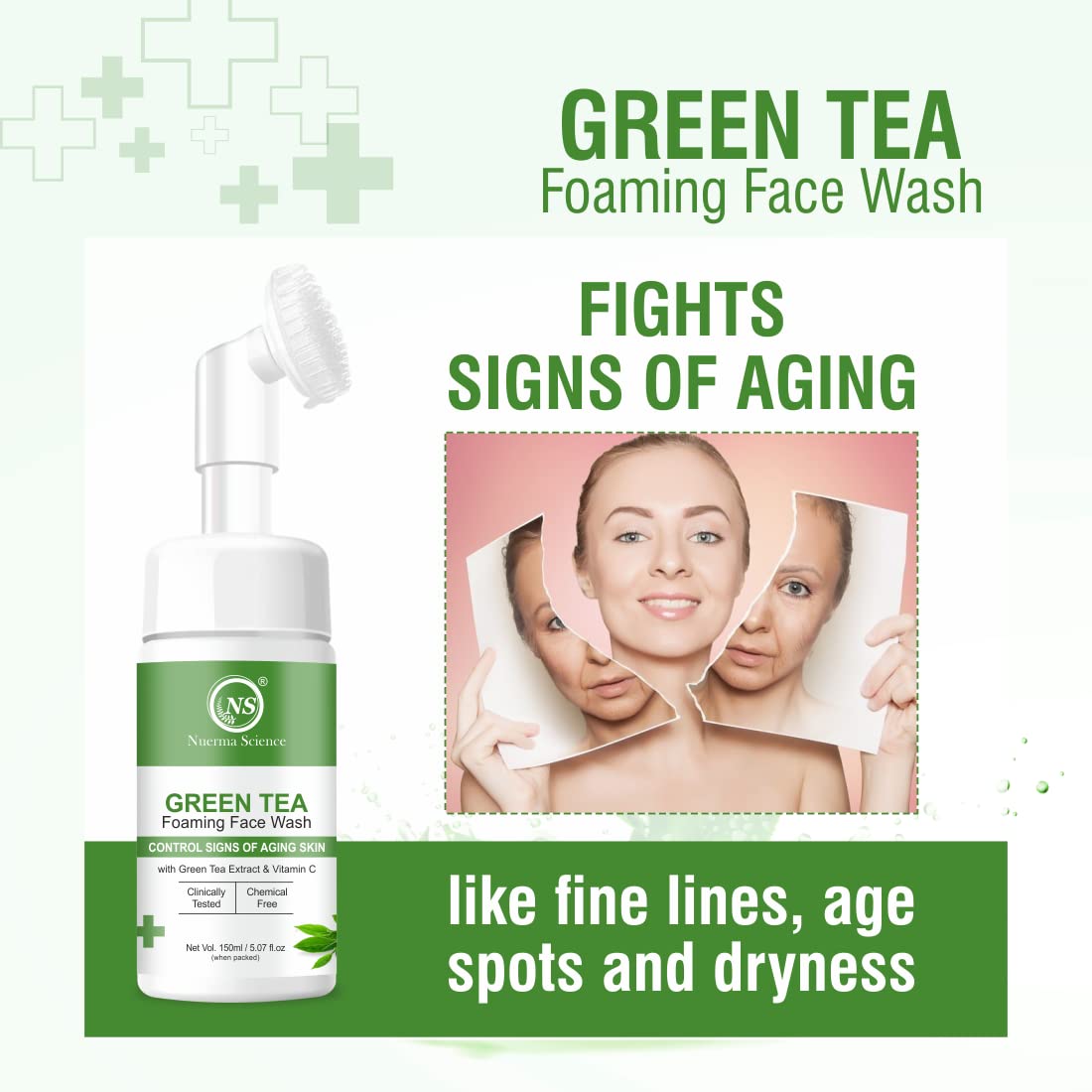 Nuerma Science Green Tea Foaming Face Wash with Vitamin C & Mulethi Extract - Anti-Aging, Hydrating & Brightening Facial Cleanser for Glowing Skin (150ml) | Perfect for Daily Skincare Routine & Removing Impurities