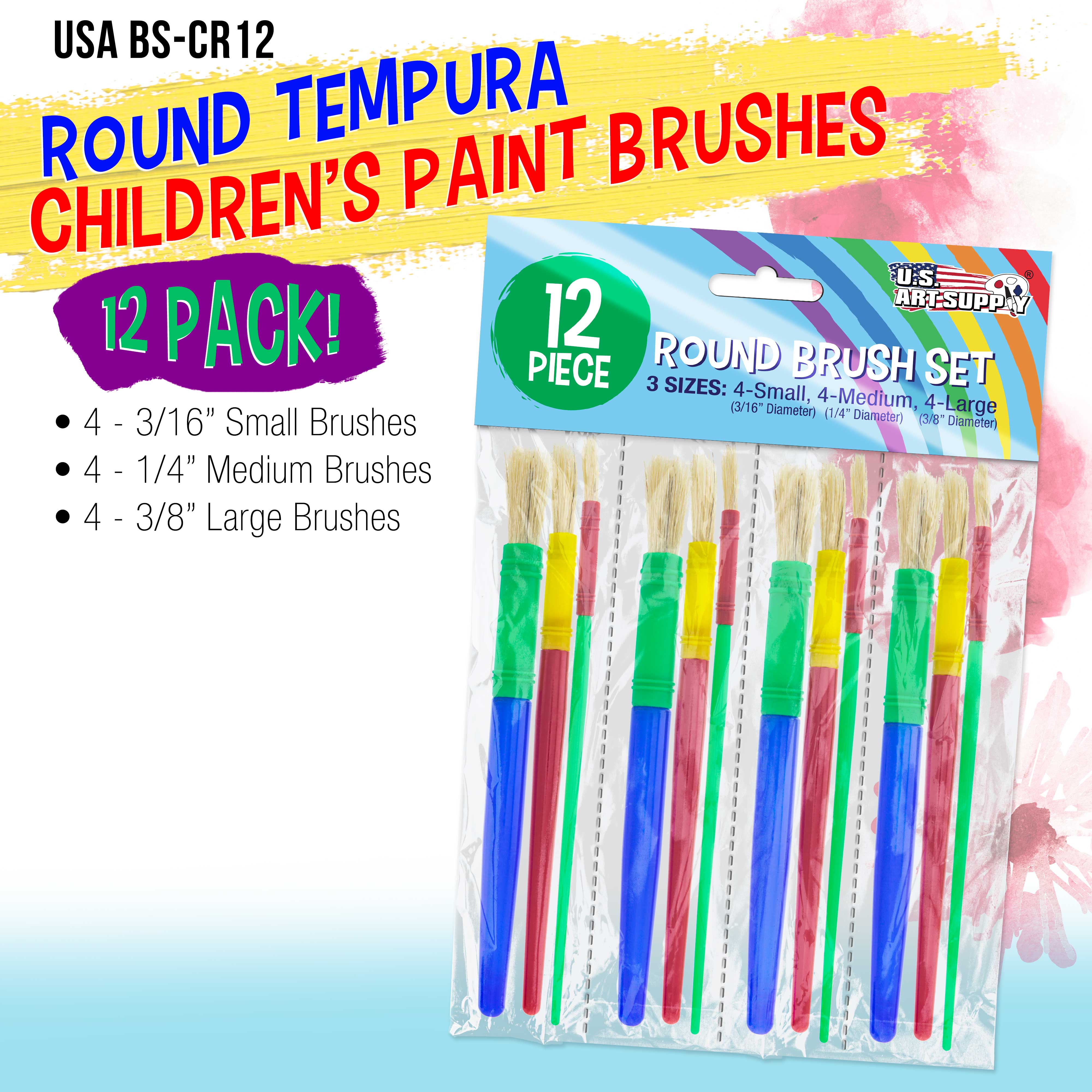 U.S. Art Supply 12-Piece Round Children's Tempera Paint Brush Set - 3 Sizes (4 Small, 4 Medium, 4 Large) for Kids Painting, School Projects, Art Crafts & DIY Party Activities