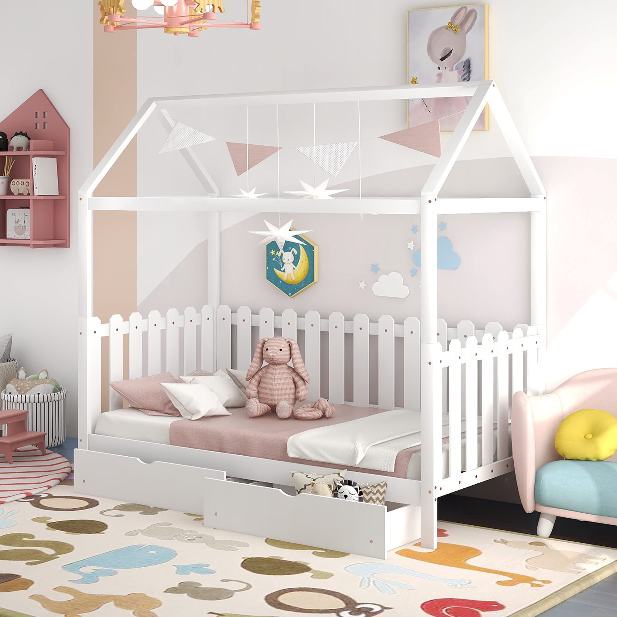 Kteam Twin Size Wooden House Platform Bed with Storage Drawers, Fence-Shaped Guardrail Daybed Frame for Kids - White | Space-Saving Kids Bedroom Furniture for Small Rooms & Play Areas