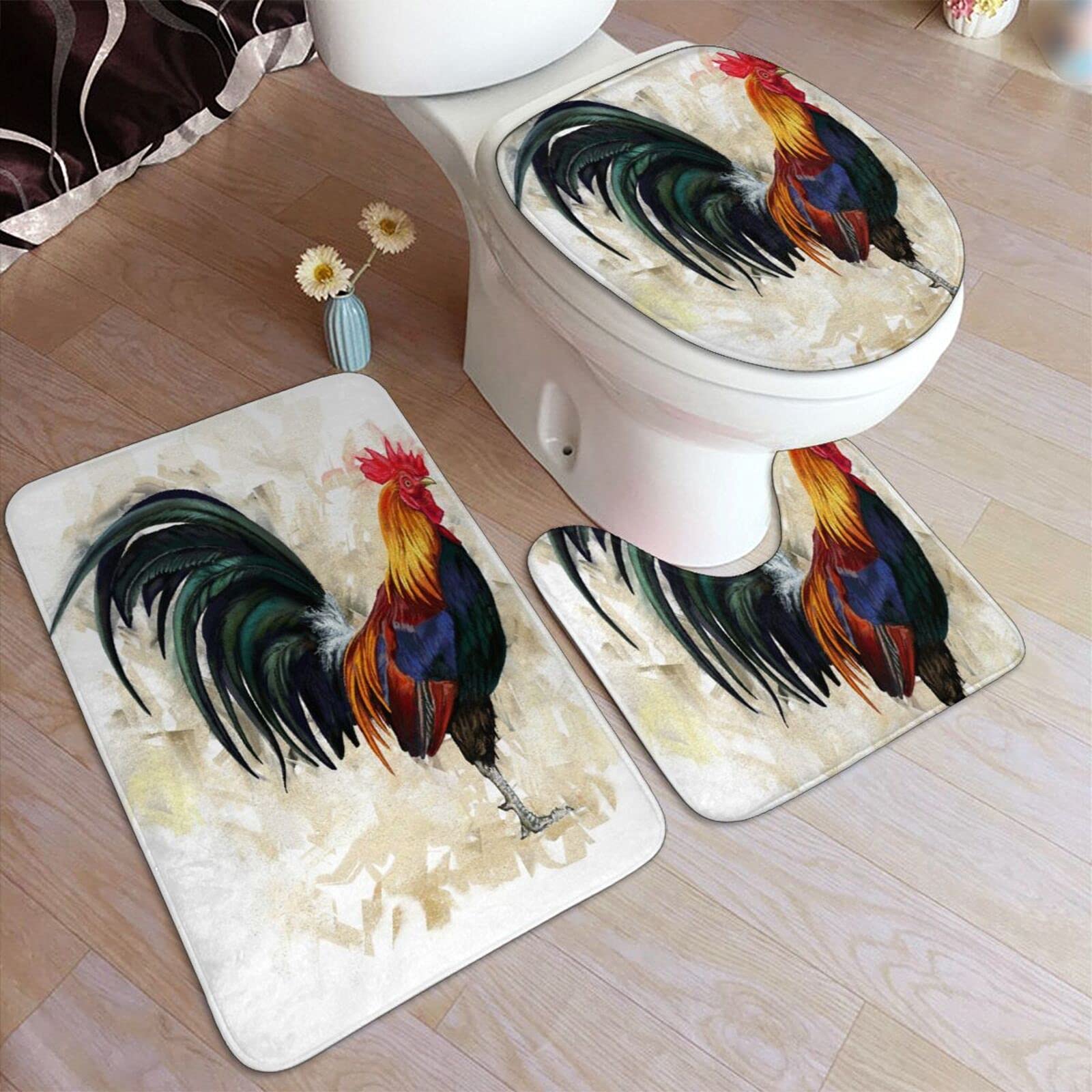 HASENCIV 3-Piece Non-Slip Bathroom Rug Set - Rooster Chicken Design, Absorbent Toilet Seat Cover & U-Shaped Mat for Bathroom, Kitchen, Bedroom - Perfect for Home Decor and Bath Safety (Color-11)