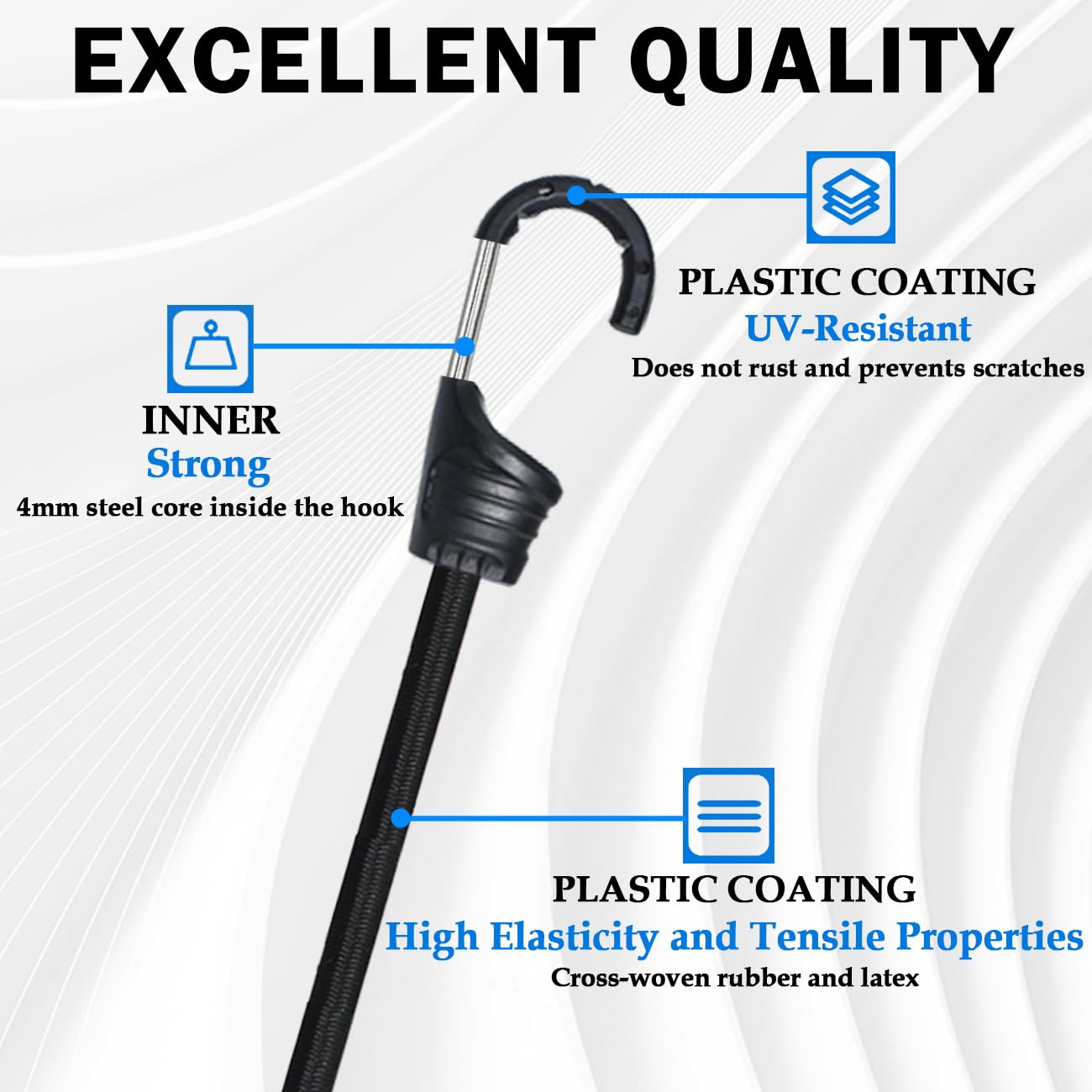 18-Inch Heavy Duty Bungee Cords with Plastic-Coated Steel Hooks - 4 Pack Black Elastic Stretch Ropes for Camping Gear, Bicycle Accessories, Folding Wagons, Car Trunk Organization & Outdoor Activities
