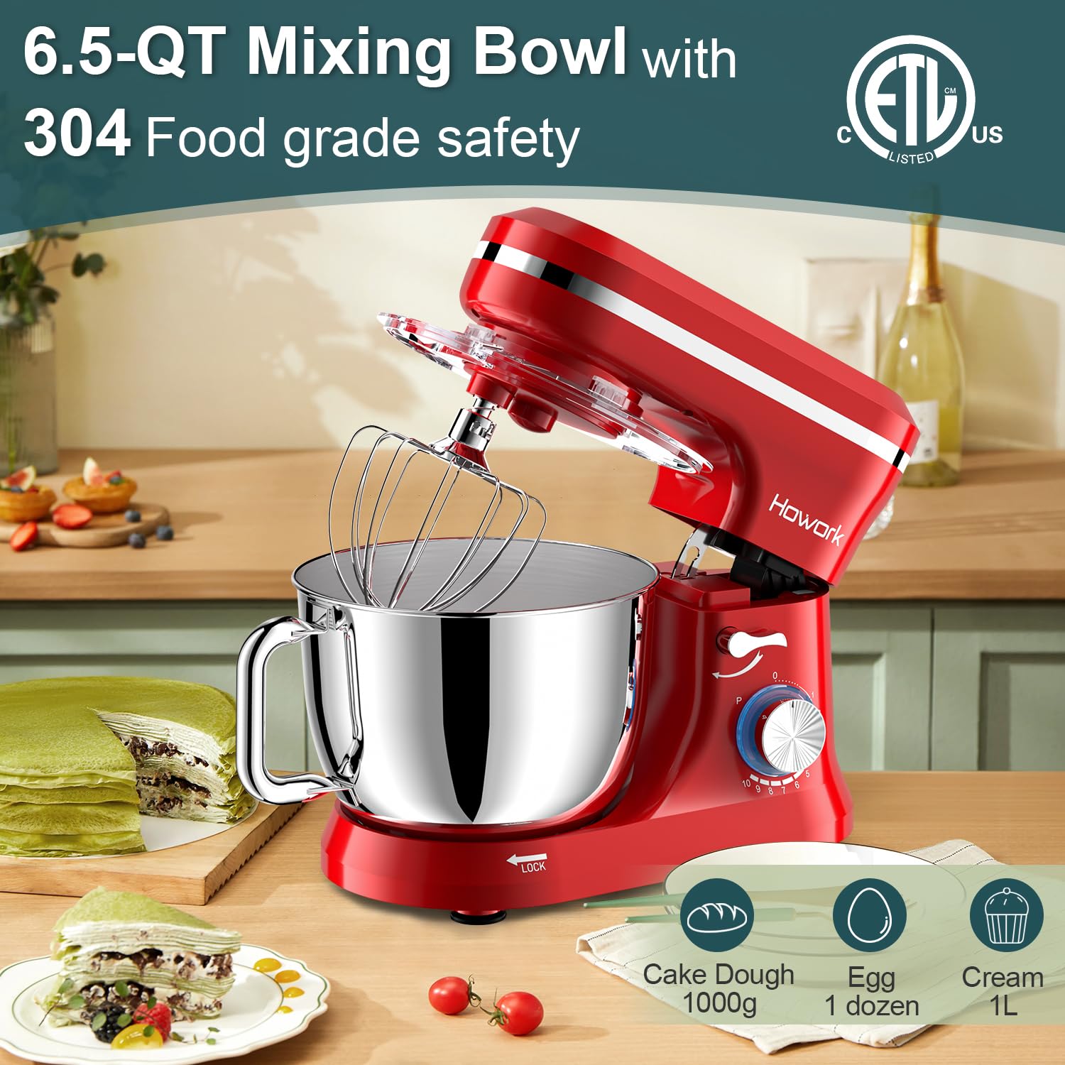 HOWORK 6.5QT Stand Mixer - 10+ Speed Electric Kitchen Mixer with Stainless Steel Bowl, Dough Hook, Wire Whip & Beater - Perfect for Baking, Cooking & Meal Prep - Ideal for Home Bakers & Cooking Enthusiasts (Bright Red)